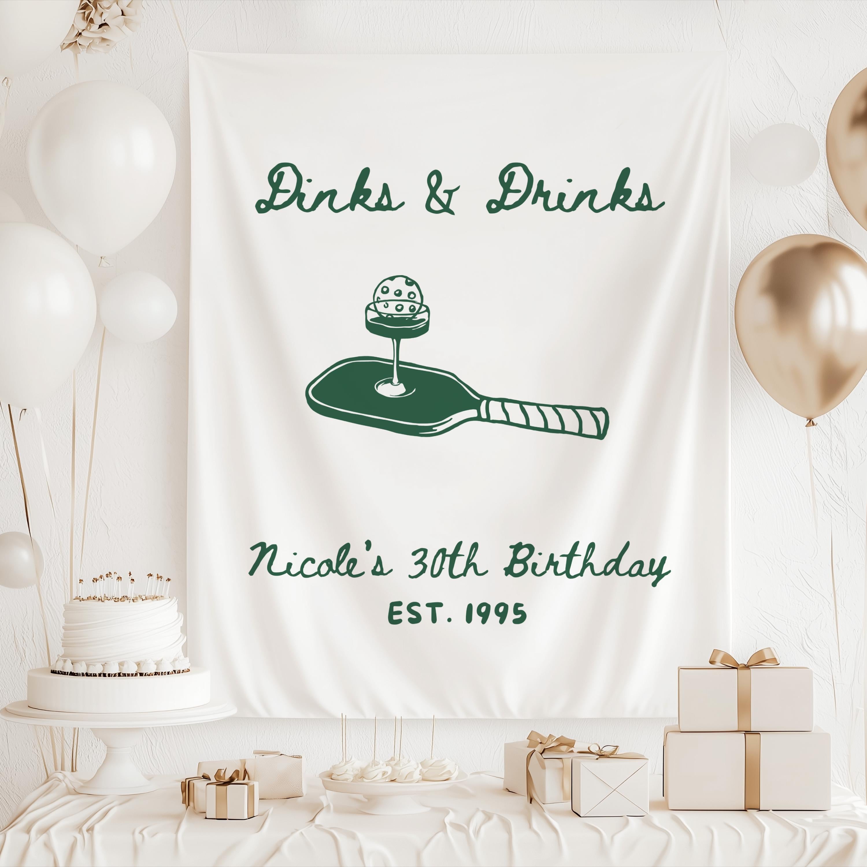 Personalized pickleball birthday party decor banner with custom name age and paddle cocktail design
