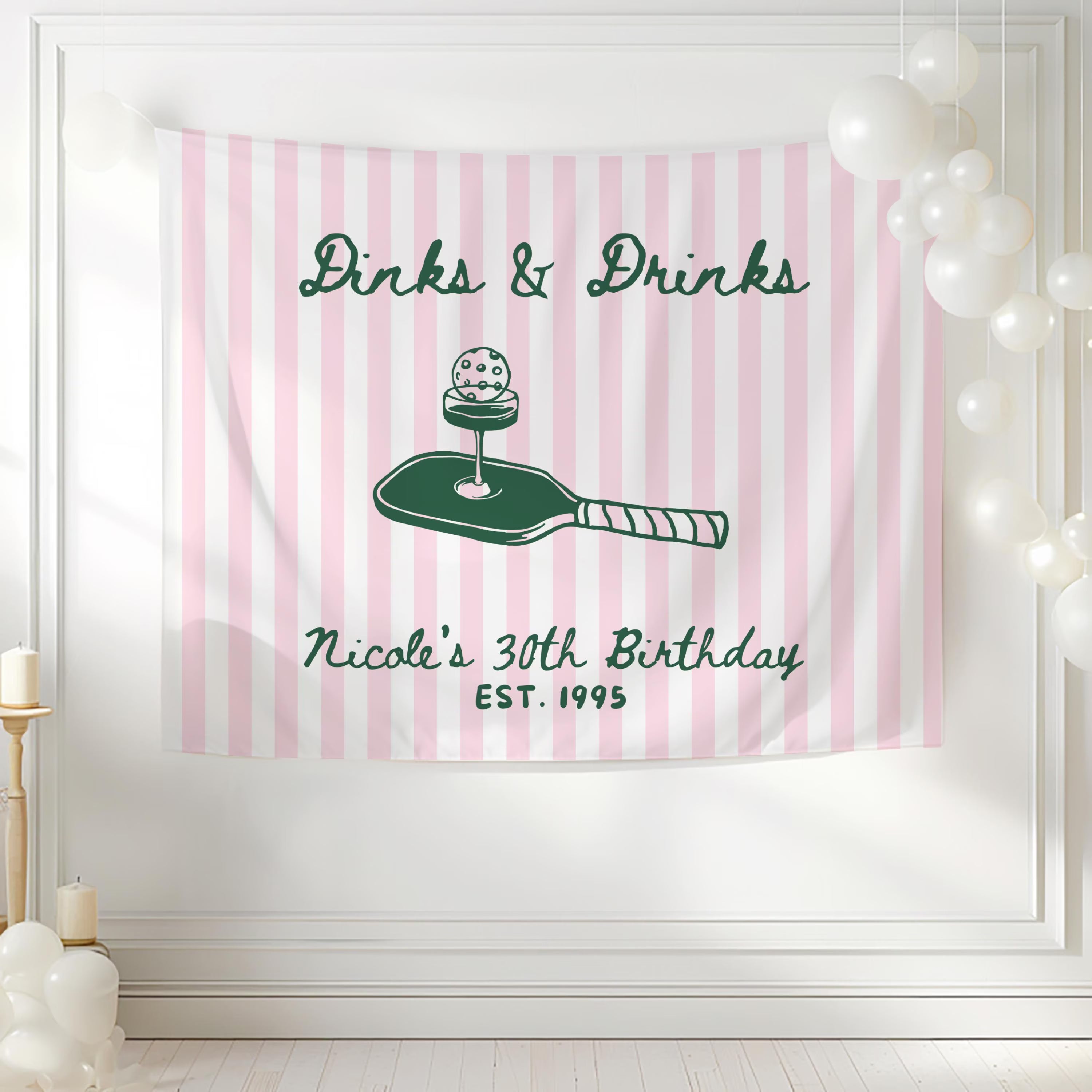 Personalized pickleball birthday photo backdrop with paddle cocktail artwork custom name and birthday age