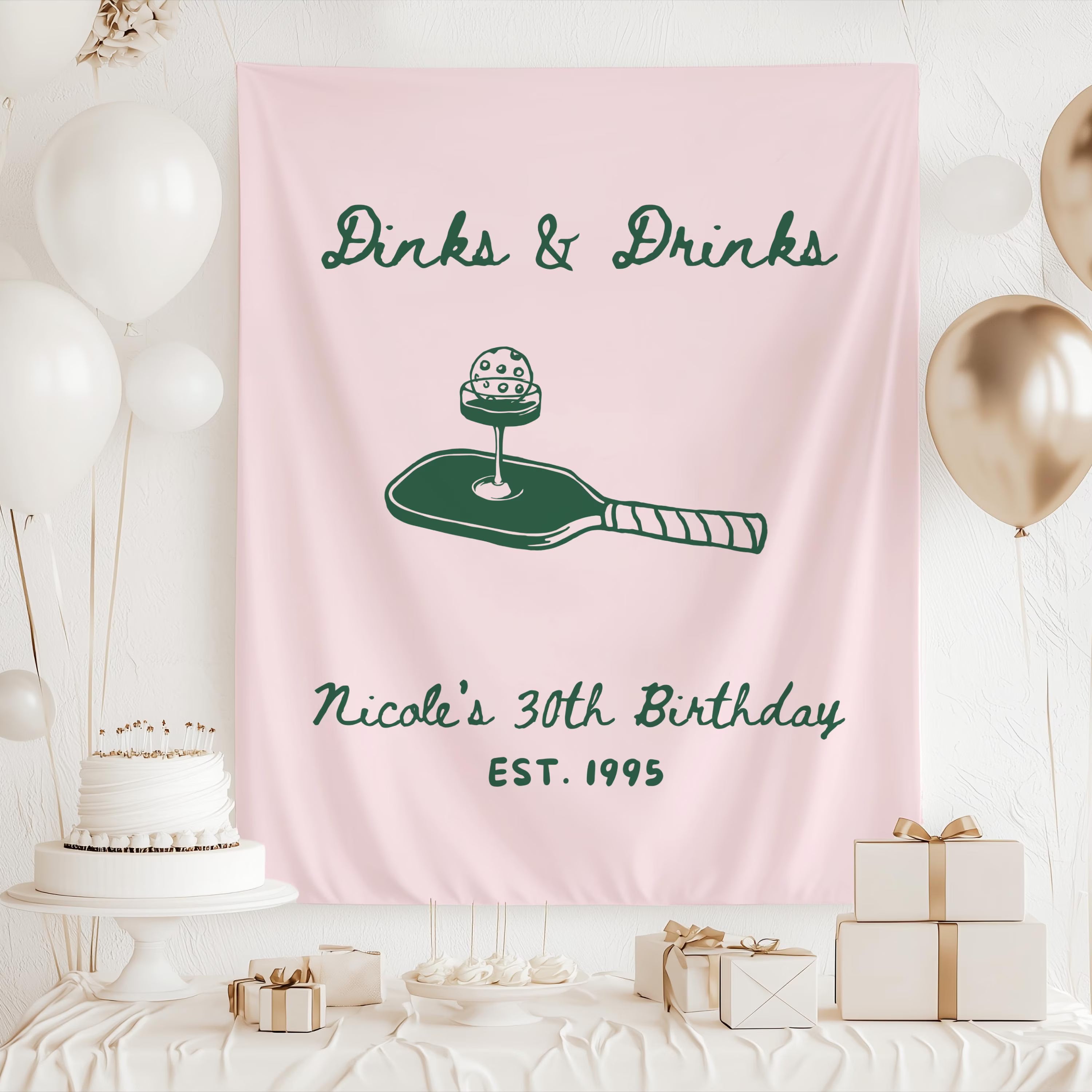 Custom pickleball birthday tapestry featuring Dinks and Drinks design for milestone birthday celebrations