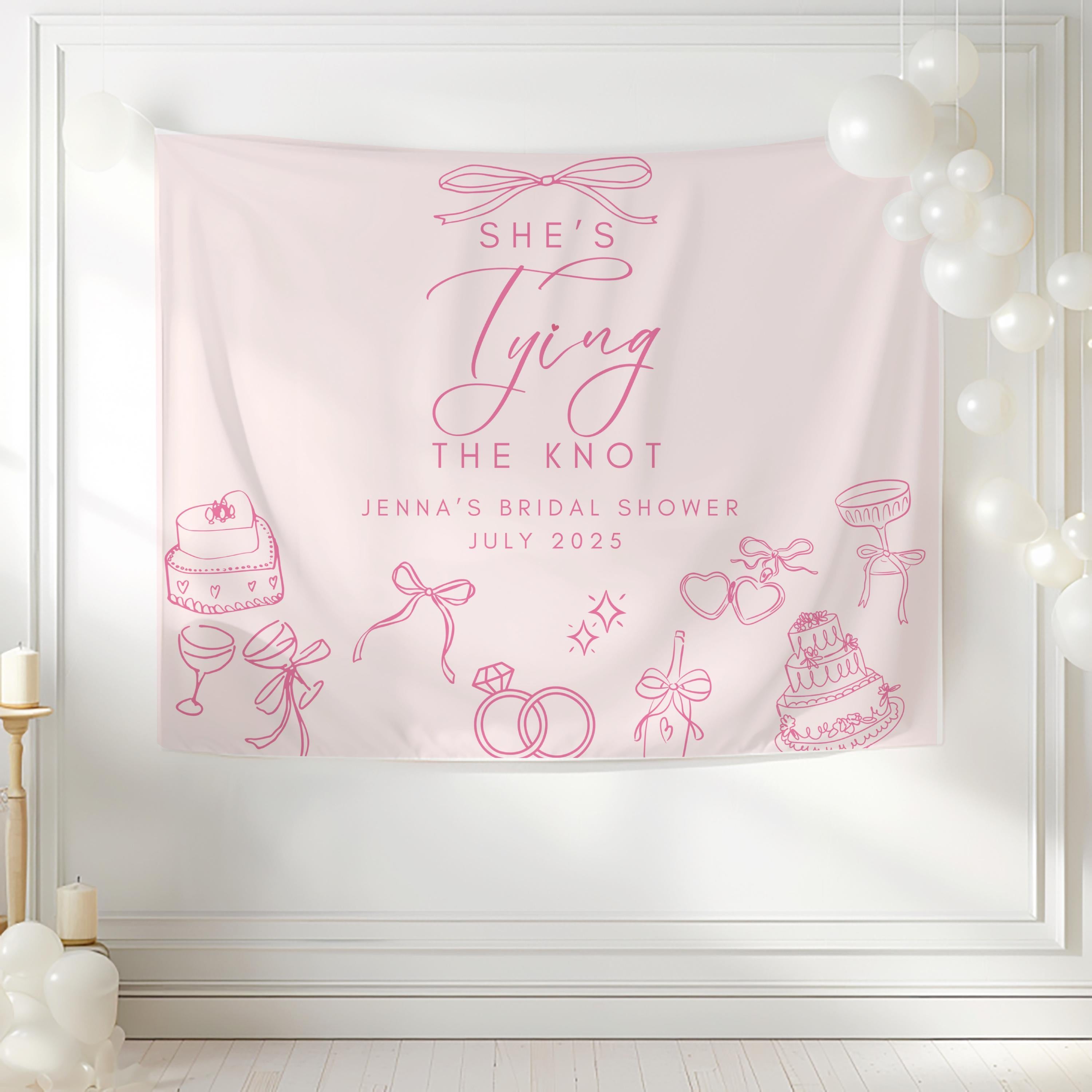 Custom pink bridal shower tapestry featuring She's Tying the Knot design with elegant wedding illustrations