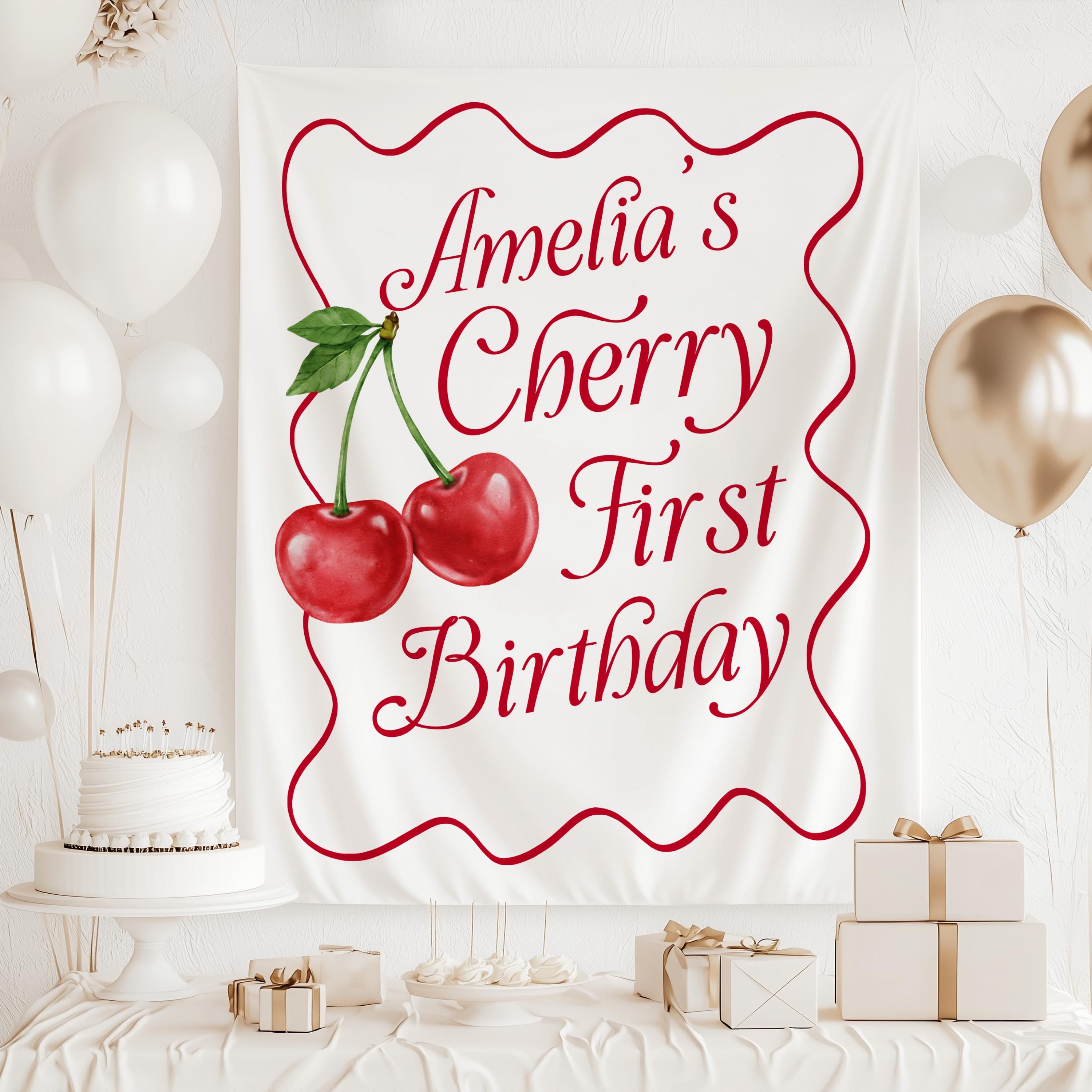 Pink and white cherry birthday backdrop personalized for a first birthday party and cake smash photos
