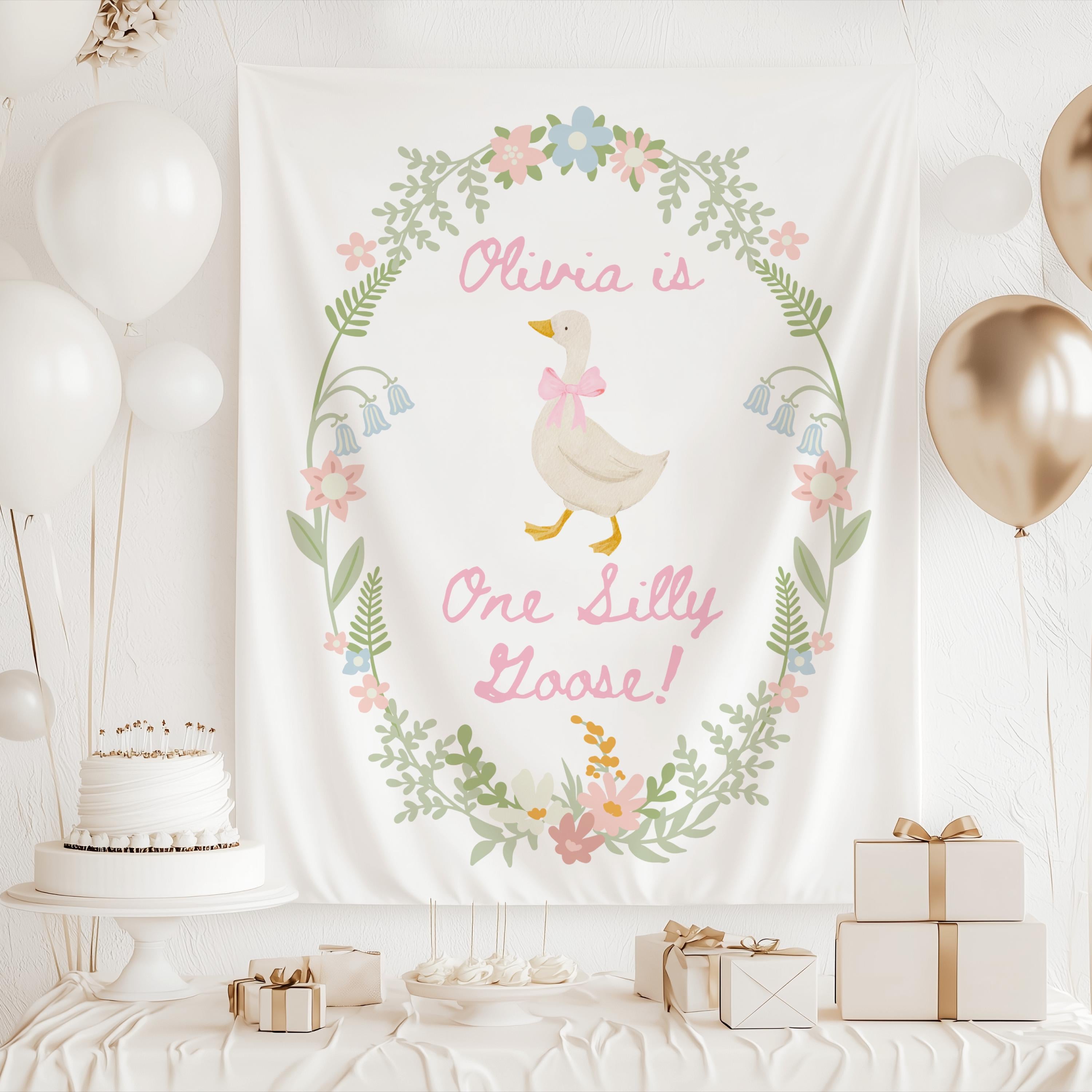 Custom One Silly Goose first birthday banner featuring a sweet goose with a pink bow and florals