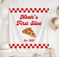 Personalized pizza first birthday banner with custom name and First Slice birthday theme