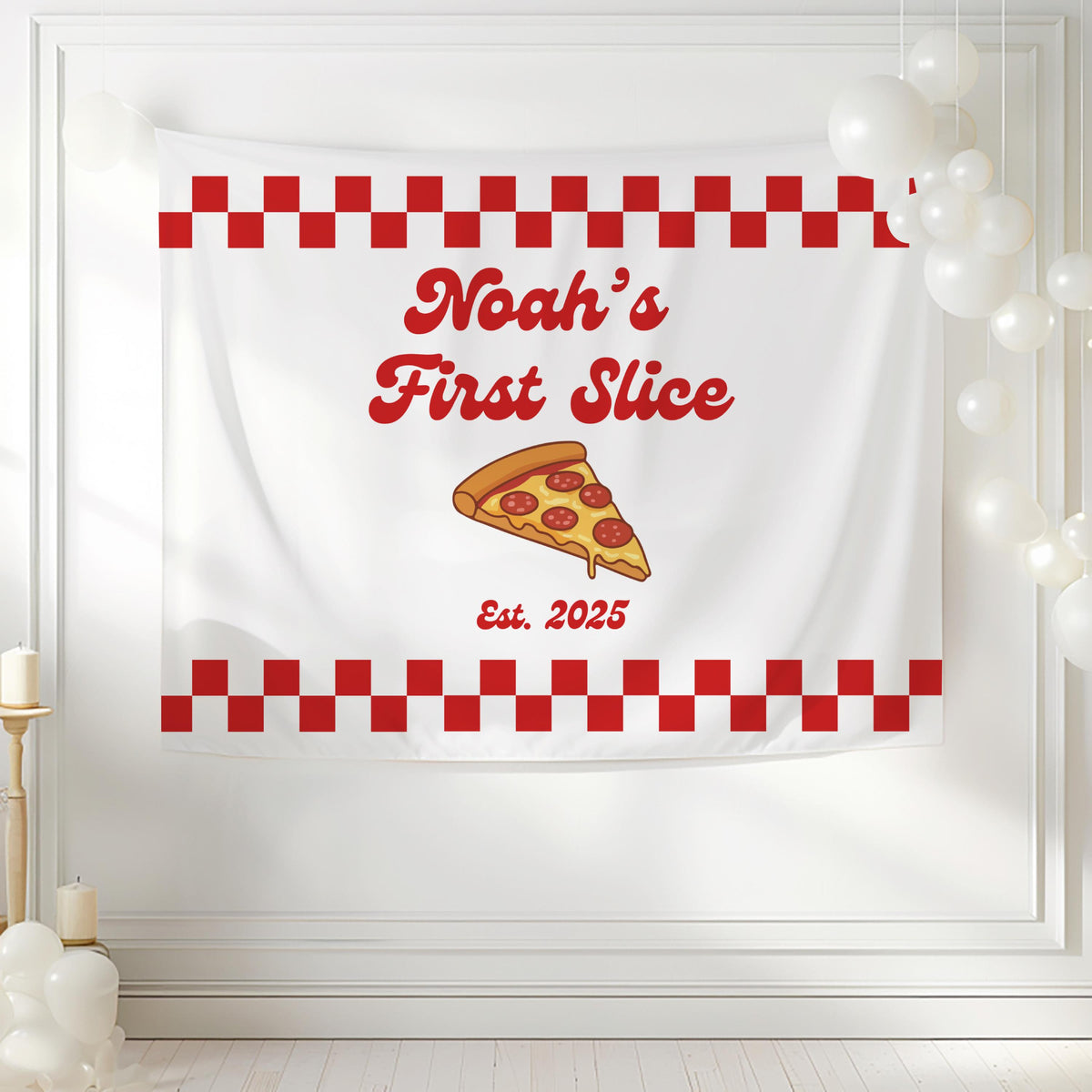 Custom pizza birthday backdrop for cake table decorations and first birthday party photos