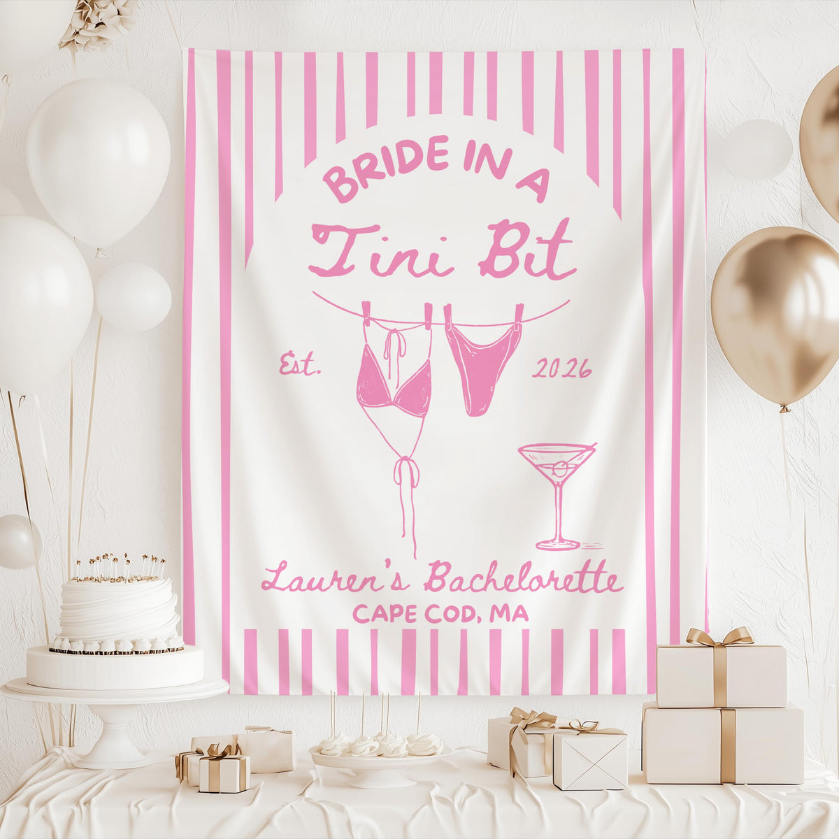Personalized bachelorette tapestry featuring a dirty martini theme for pool parties, welcome parties, and photo booth backdrops.