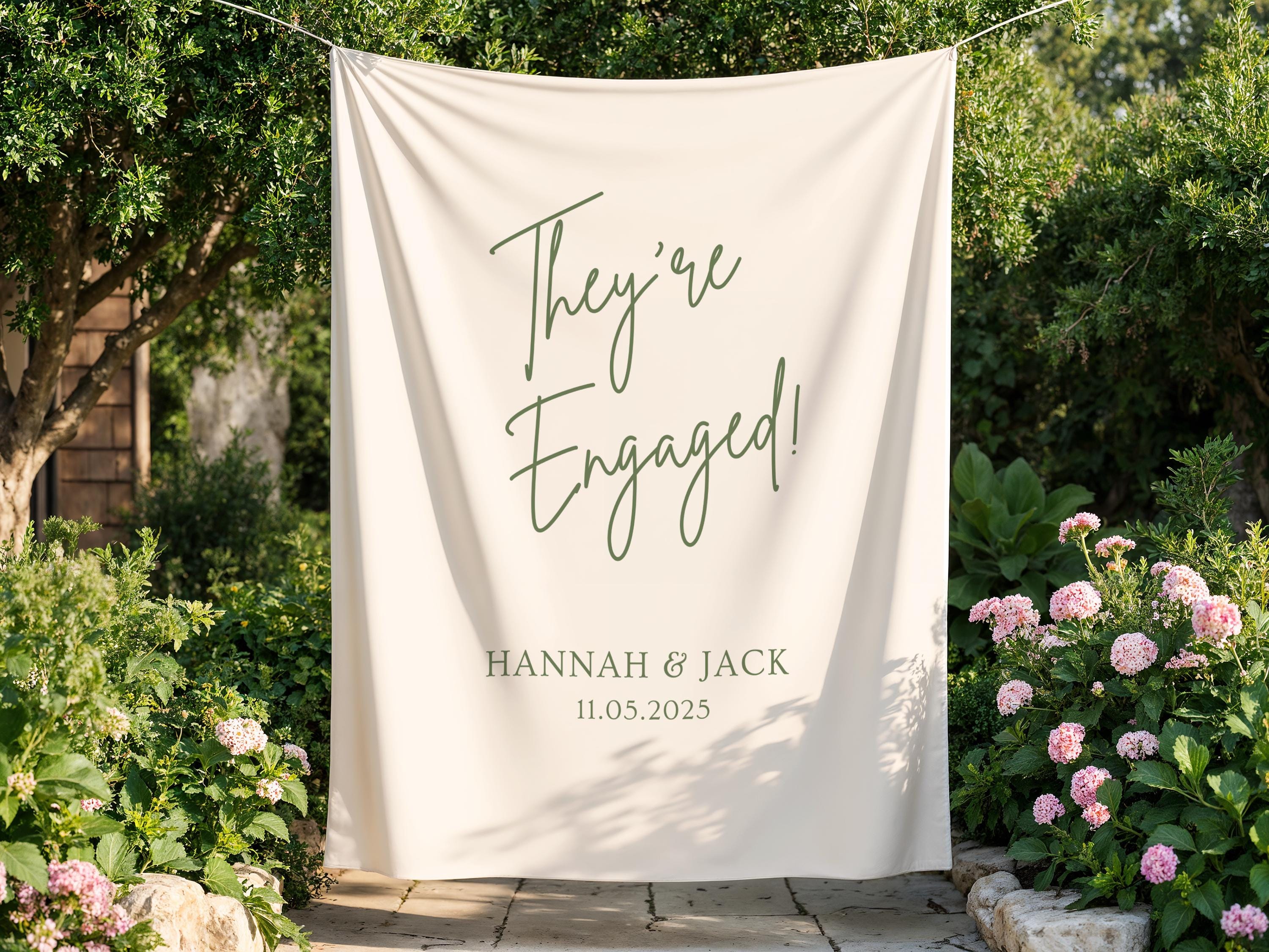 Personalized proposal celebration banner with custom couple names