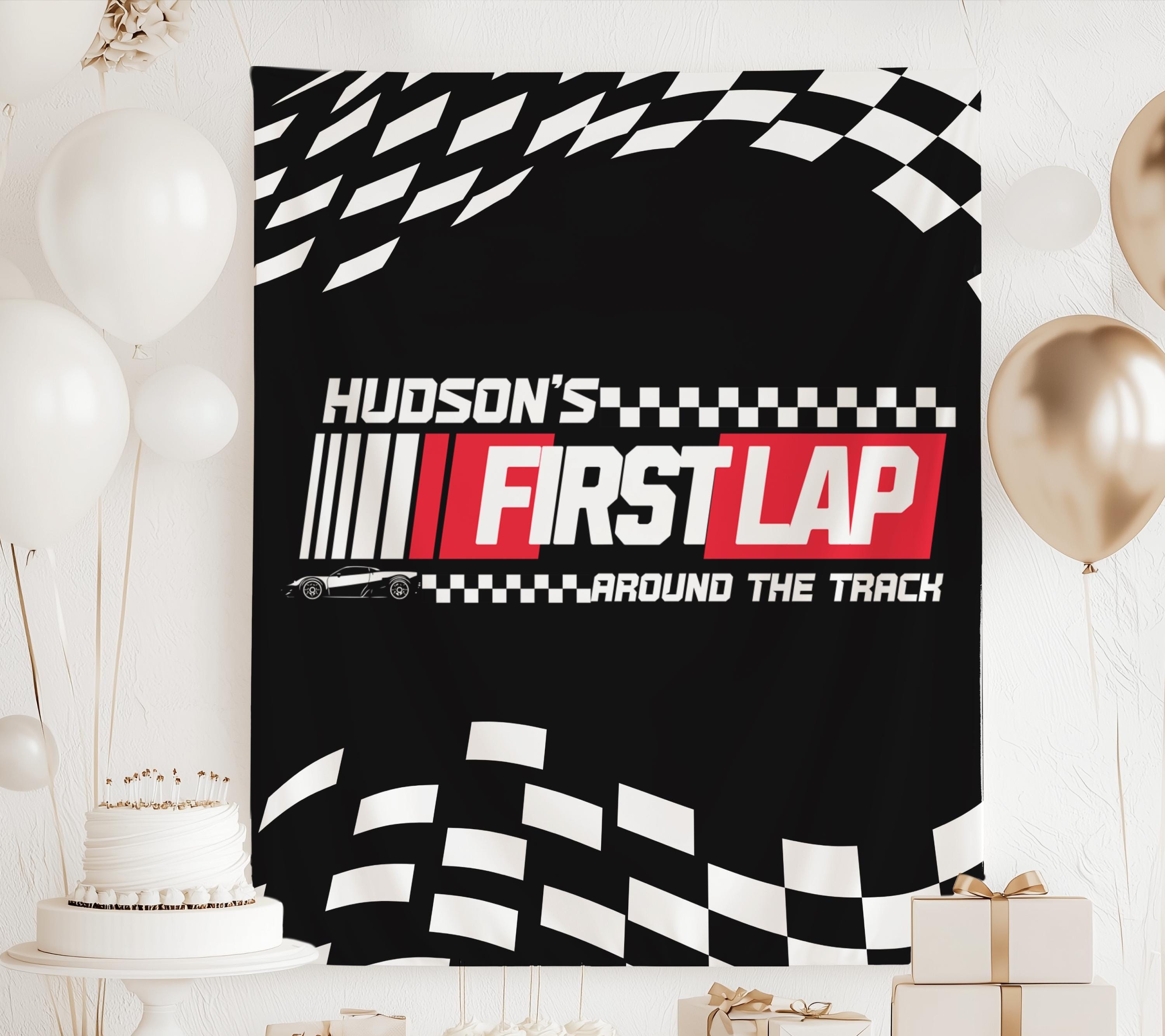 Custom race car first birthday backdrop personalized with child's name for a racing themed birthday party