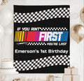 Personalized race car first birthday banner featuring checkered flag graphics, racing stripes and custom birthday details.