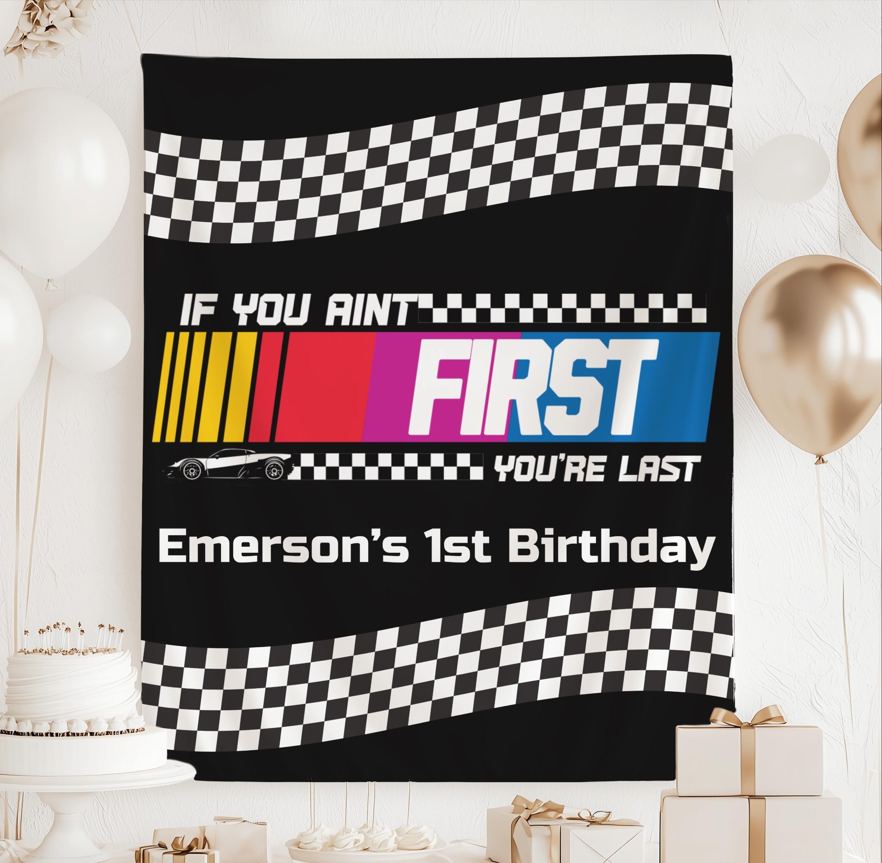 Personalized race car first birthday banner featuring checkered flag graphics, racing stripes and custom birthday details.