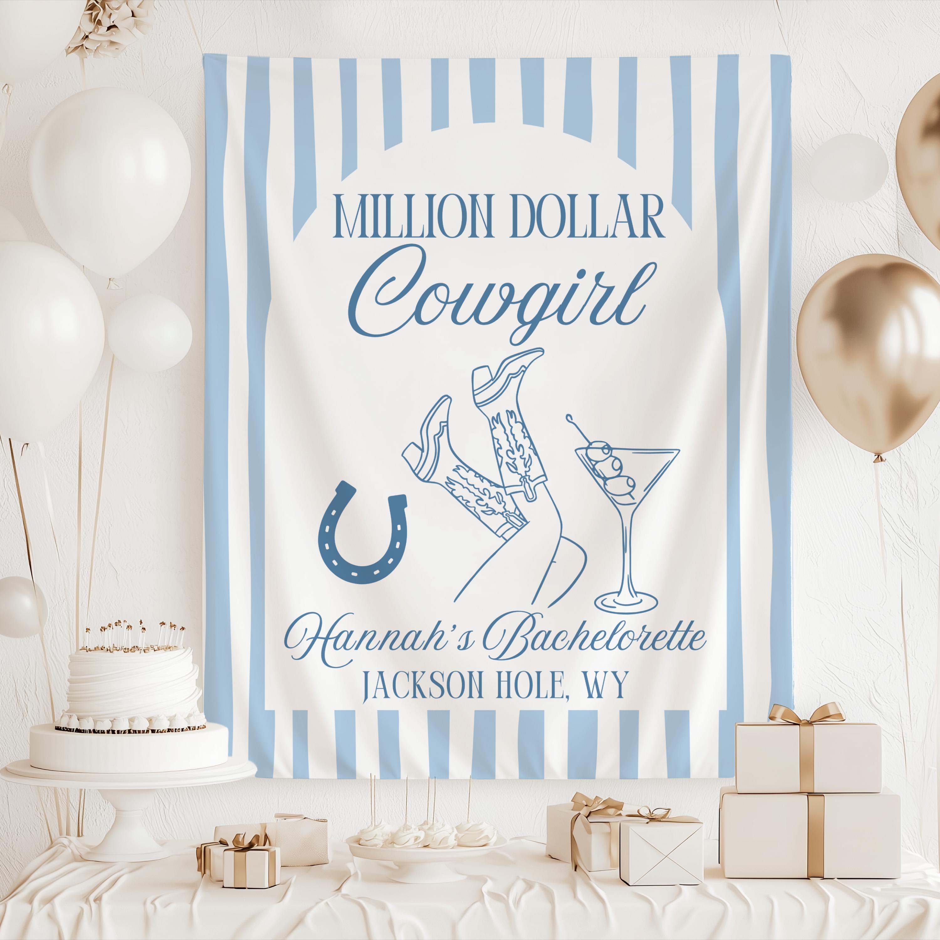 Million Dollar Cowgirl personalized backdrop used as a stylish western photo booth backdrop for a bachelorette party.