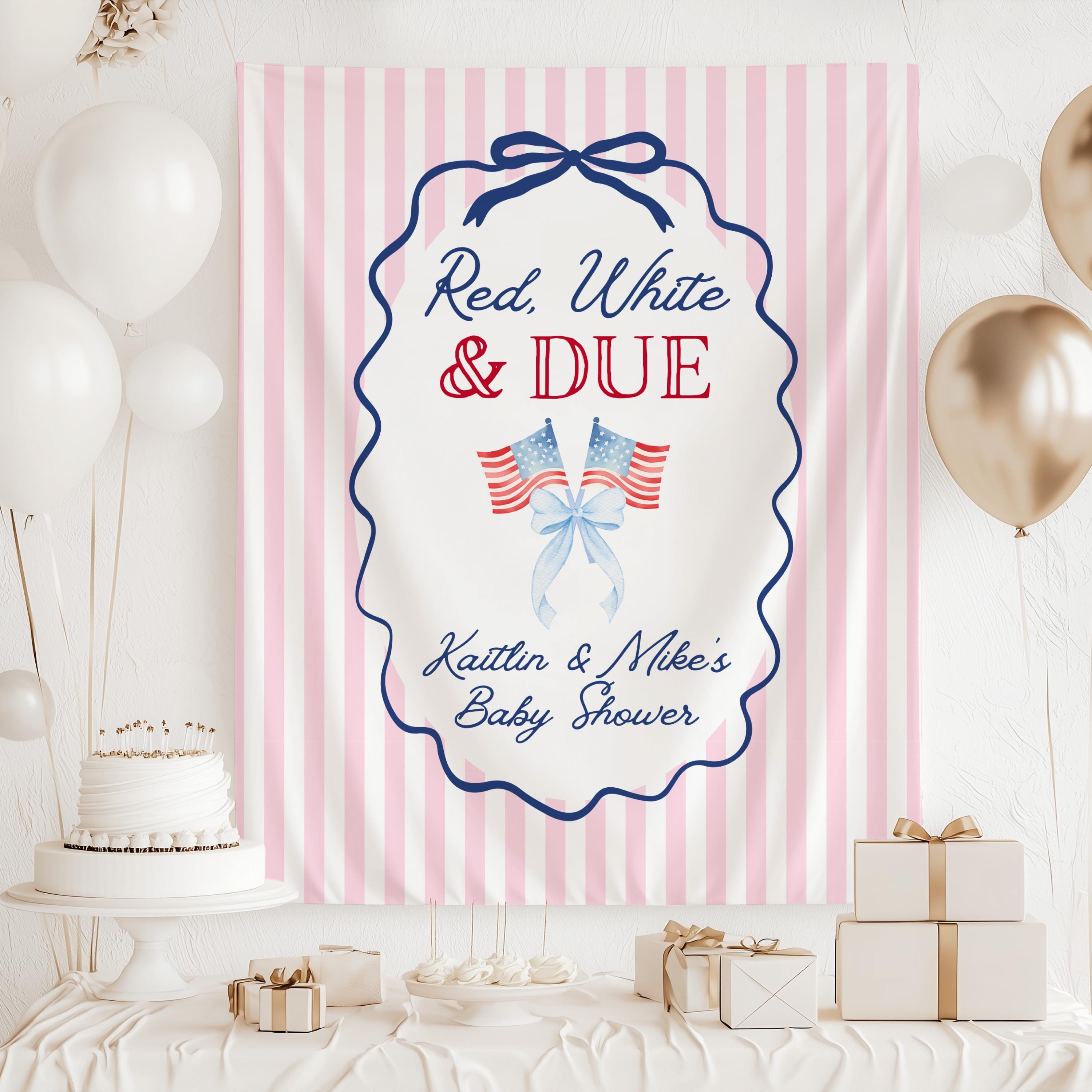 Custom Red White and Due baby shower backdrop featuring American flags and personalized text