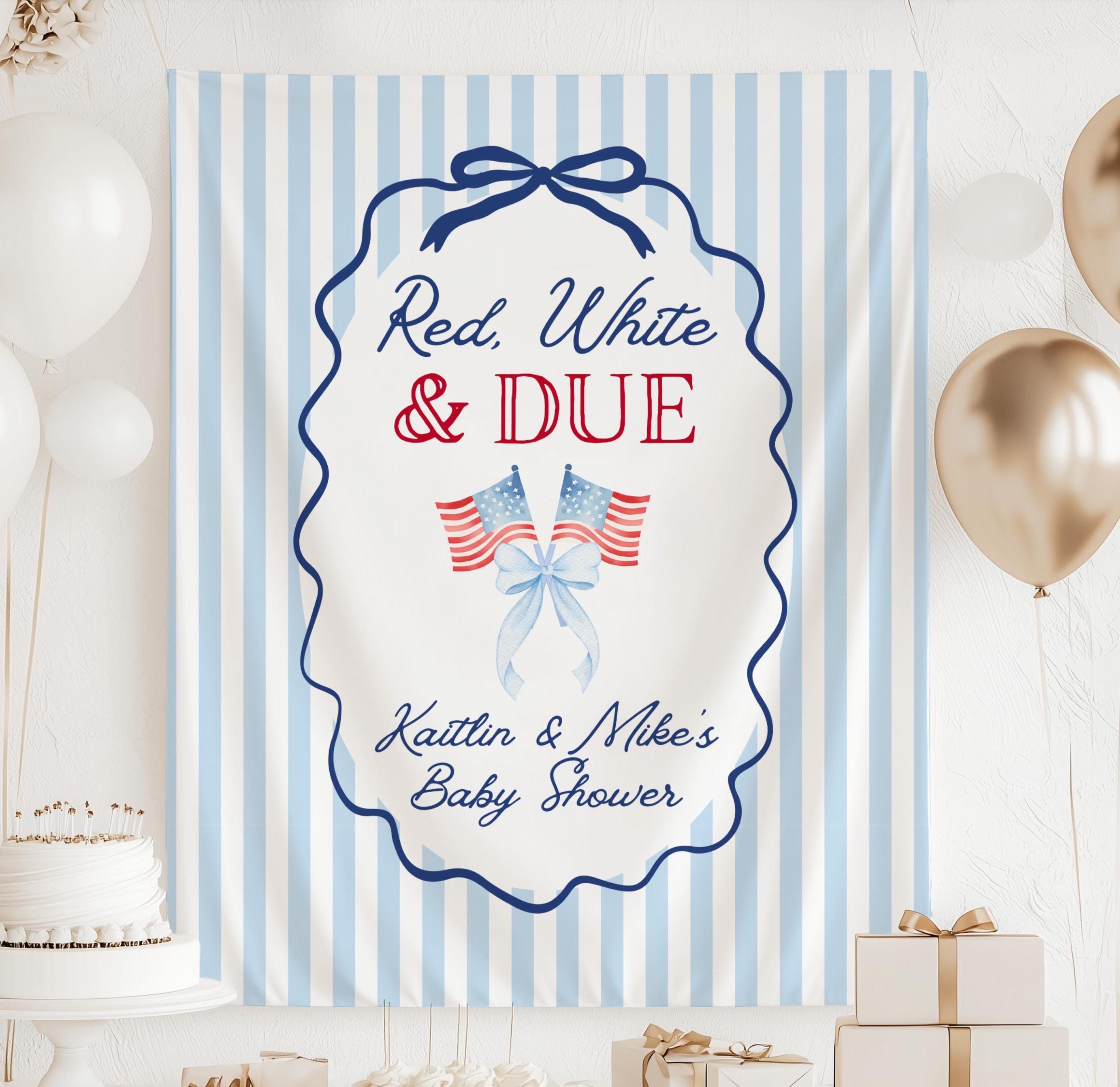 Personalized Red White and Due baby shower banner with patriotic American flag design