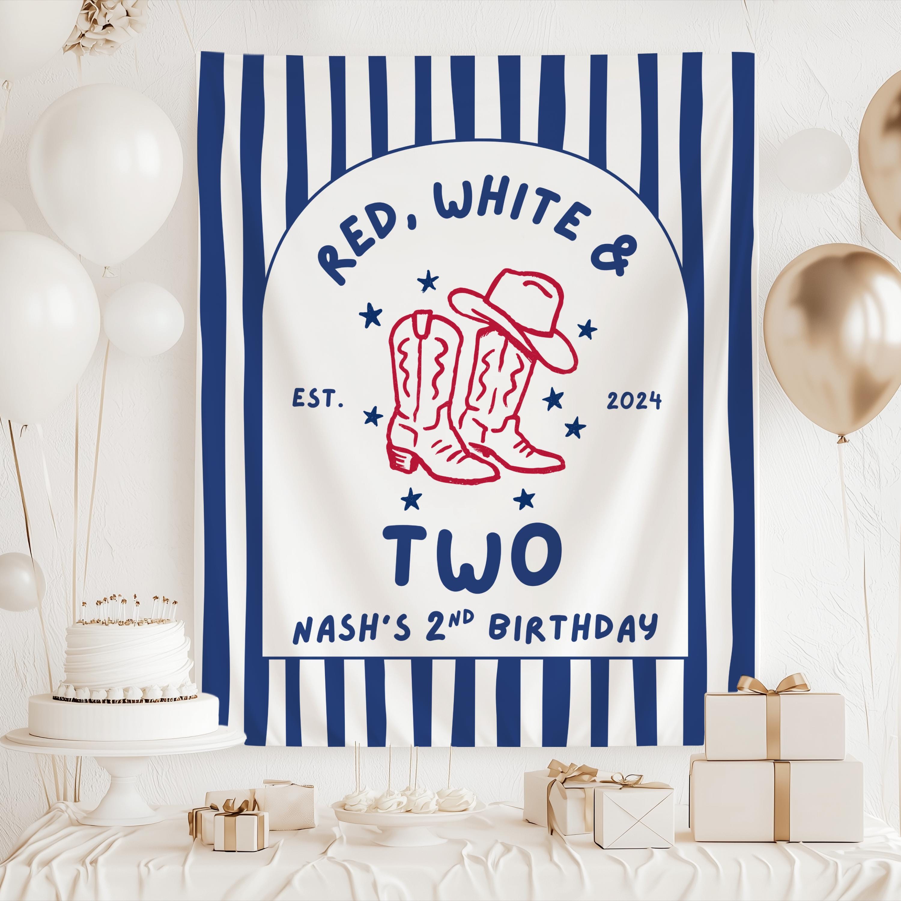 Custom Red White and TWO second birthday backdrop personalized with child's name for a western birthday celebration