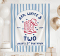 Personalized Red White and TWO birthday banner featuring cowboy boots and patriotic western design for a second birthday party
