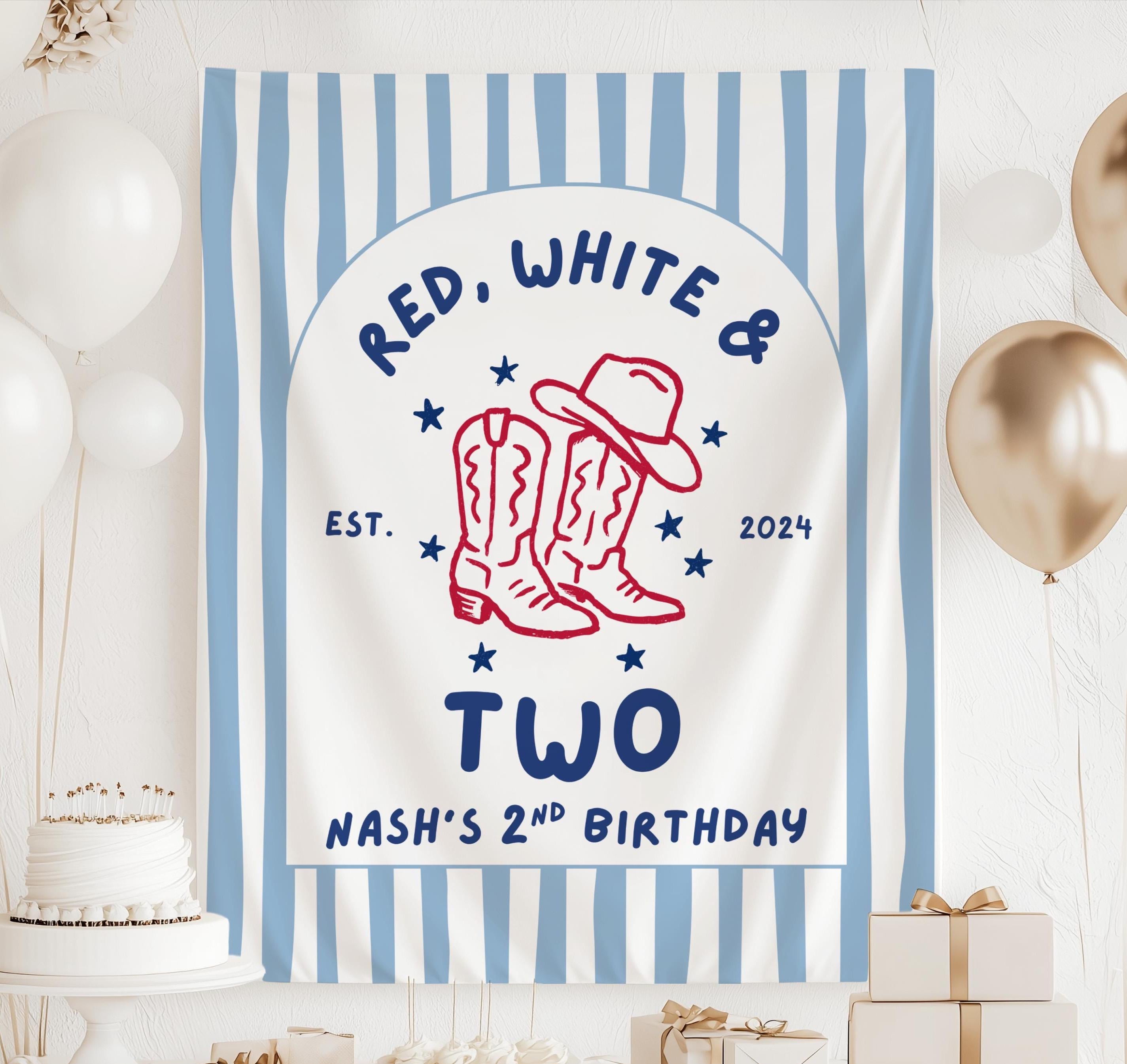 Personalized Red White and TWO birthday banner featuring cowboy boots and patriotic western design for a second birthday party