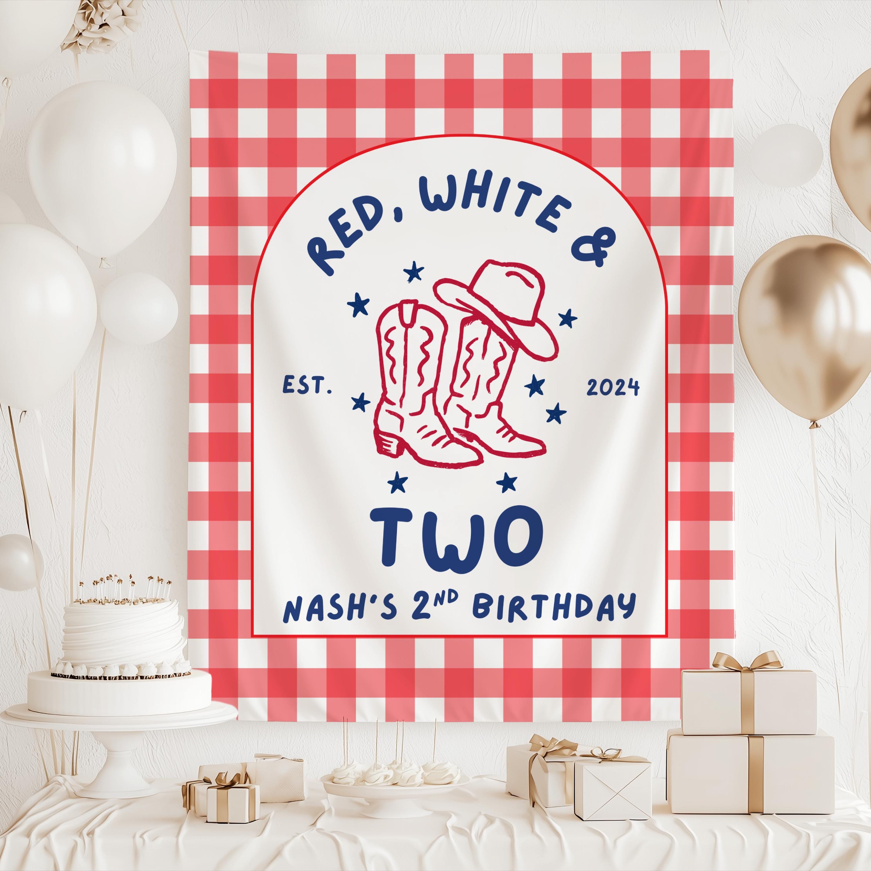 Personalized Red White and TWO birthday backdrop for western themed second birthday photo booth