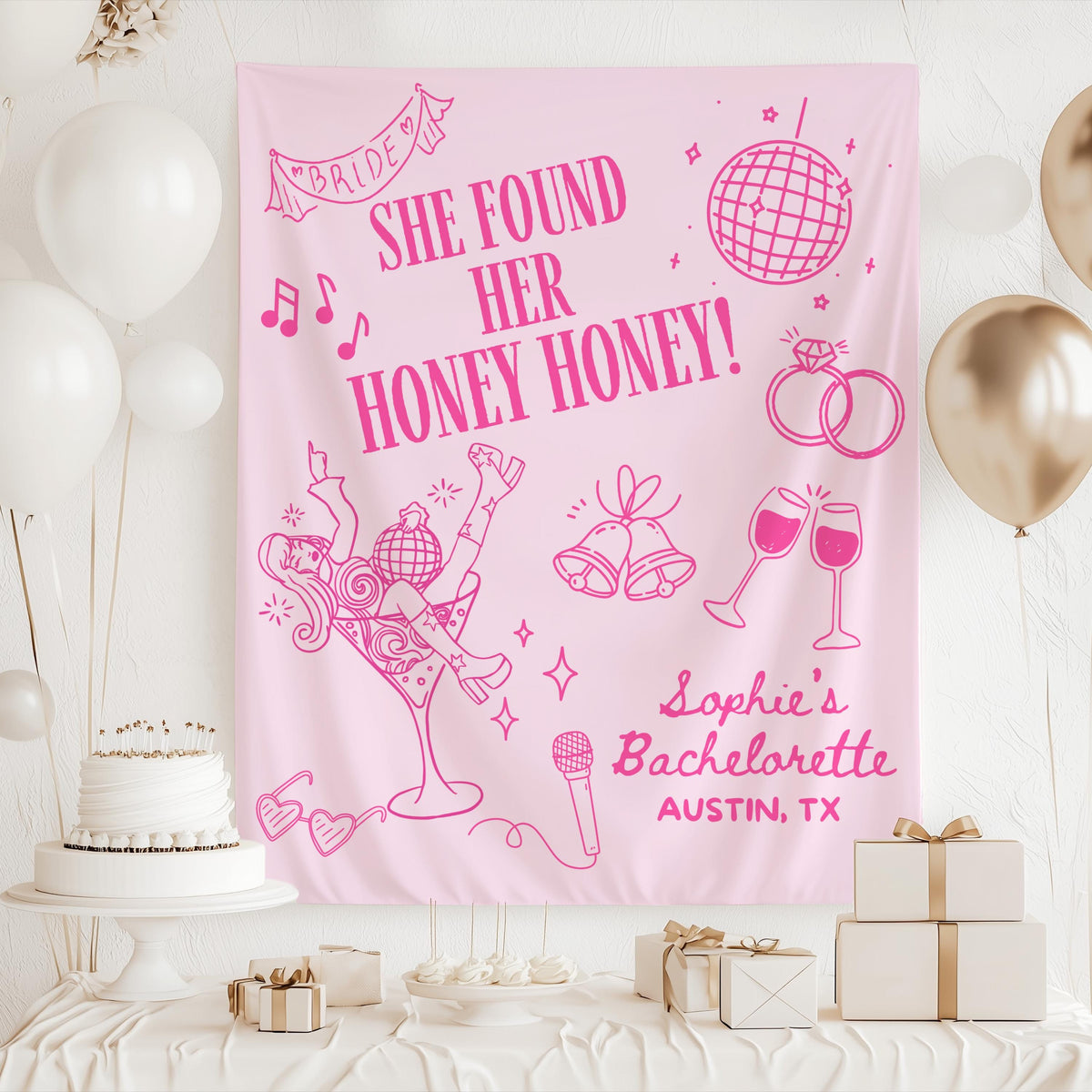 Retro bachelorette party backdrop with disco themed illustrations, karaoke microphone, wine glasses and personalized bride details.