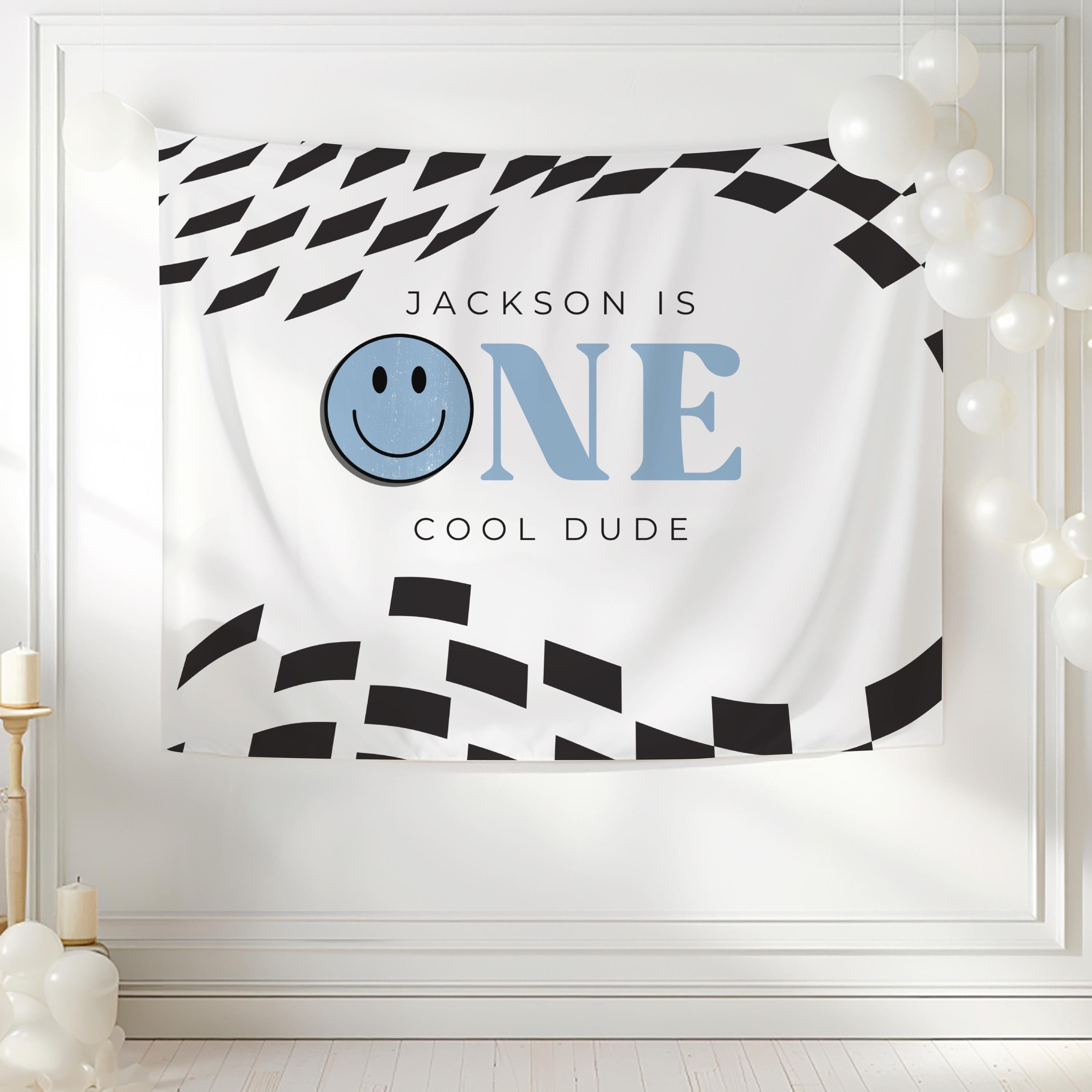 Retro One Cool Dude birthday banner featuring smiley face artwork and personalized birthday details