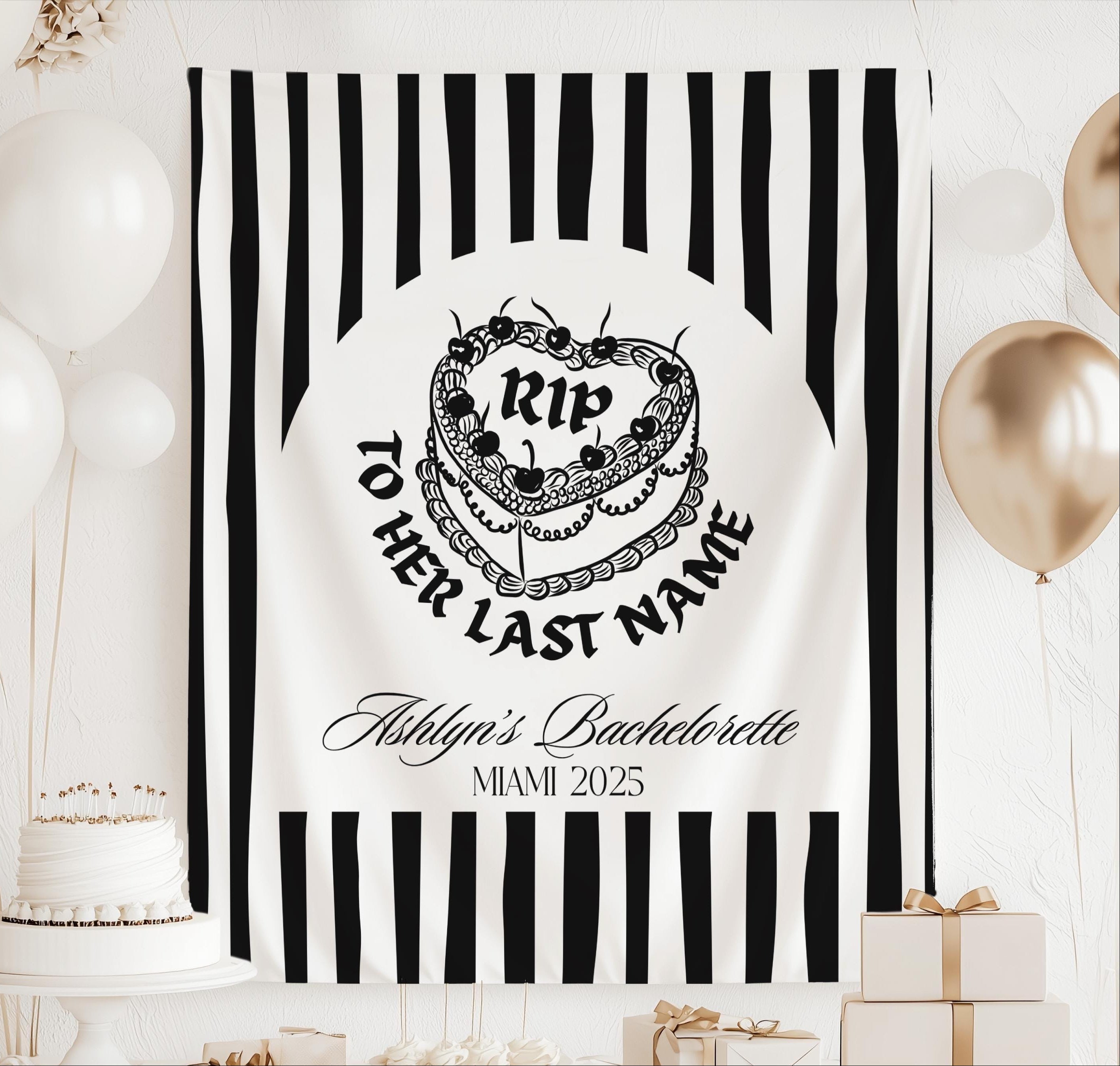 Personalized RIP to Her Last Name bachelorette banner with vintage heart cake design