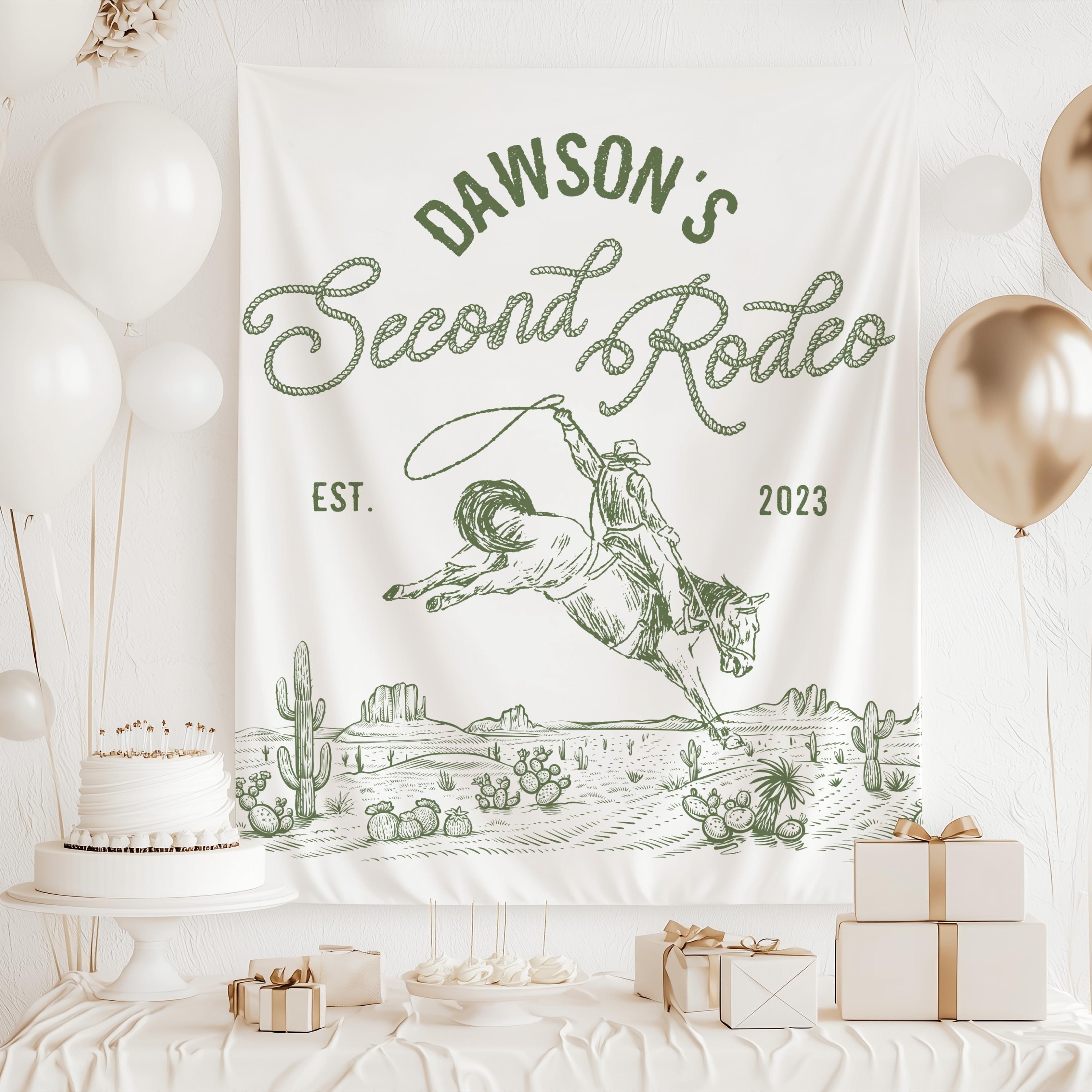 Personalized rodeo birthday banner featuring vintage western artwork perfect for a cowboy themed second birthday party.