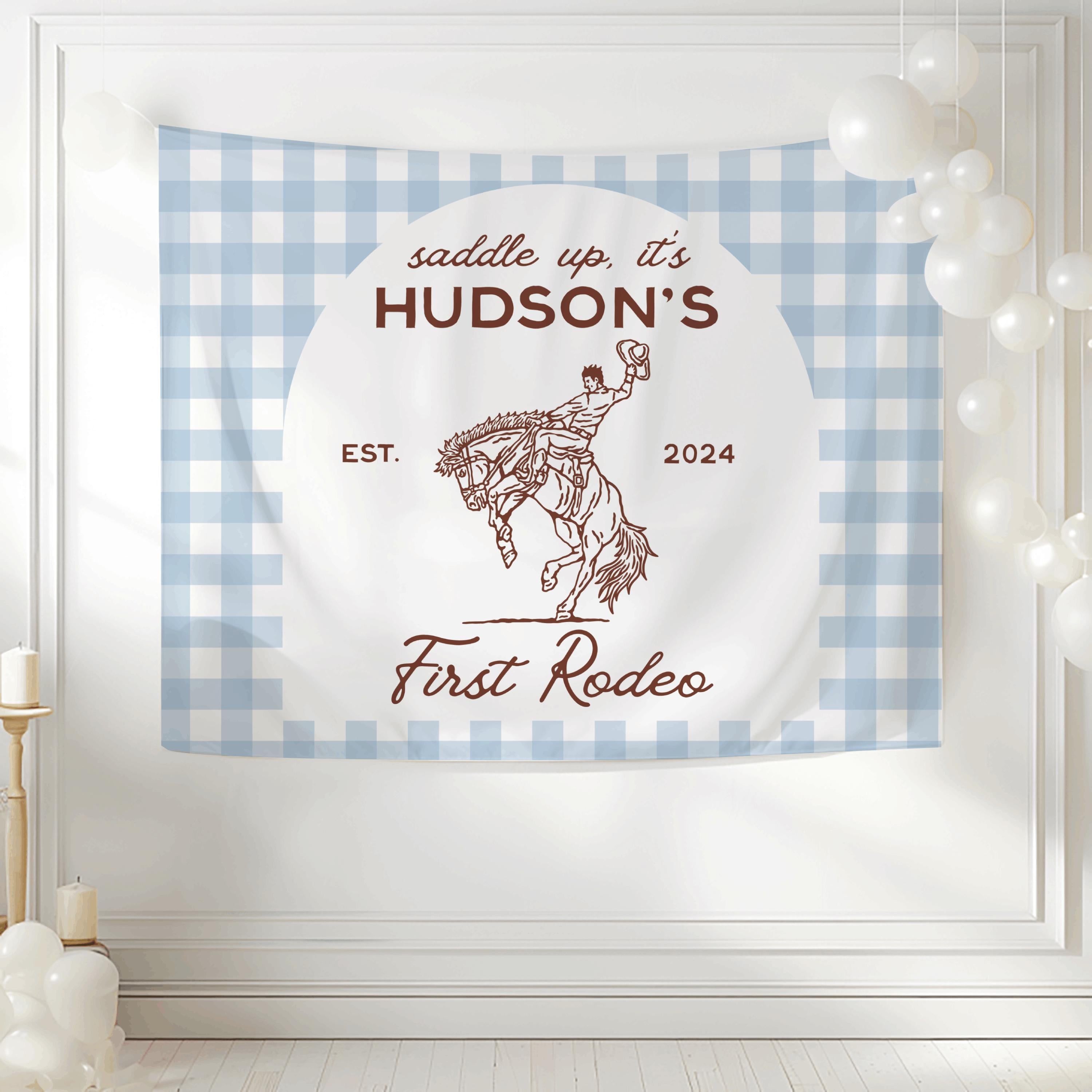Personalized rodeo birthday backdrop for a cowboy first birthday party with custom name