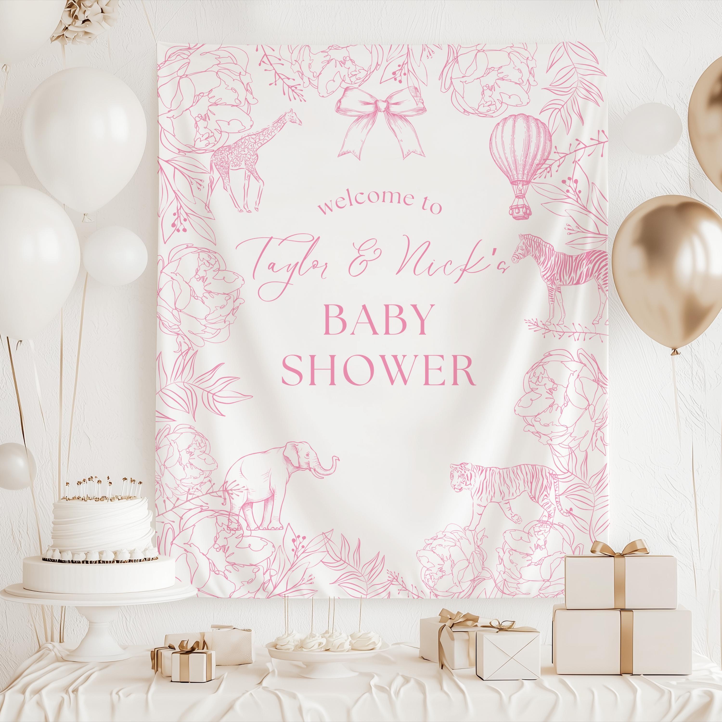 Custom safari baby shower backdrop with giraffe, elephant, zebra, tiger, and hot air balloon illustrations