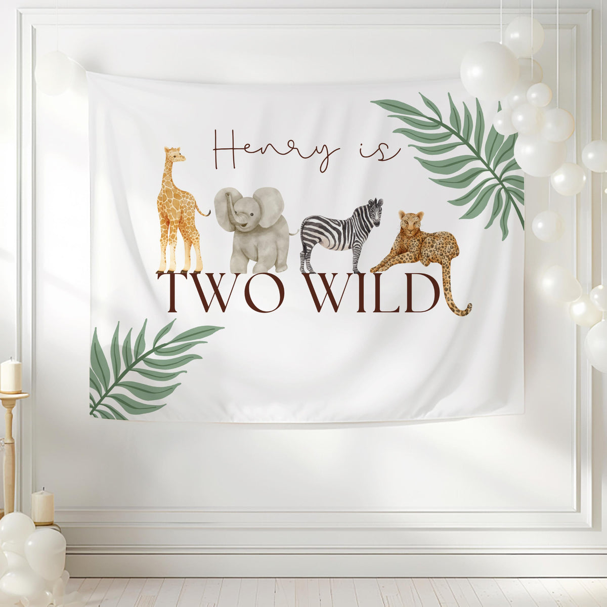 Custom safari birthday backdrop for cake table decorations and second birthday party photos
