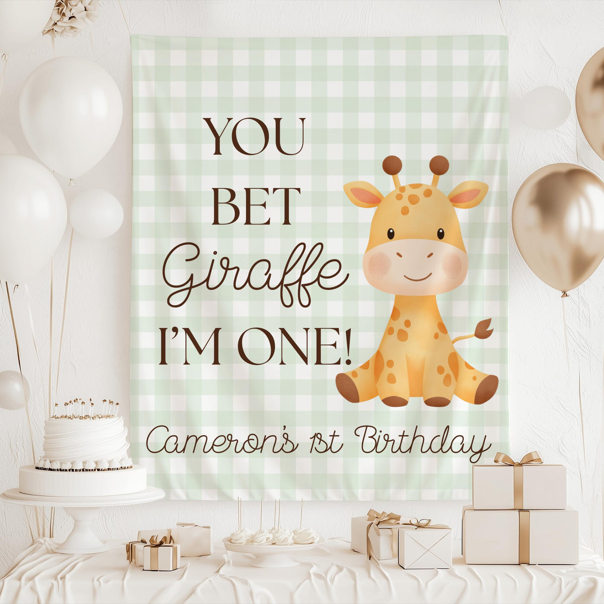 Cute safari first birthday backdrop featuring a smiling giraffe and humorous birthday design
