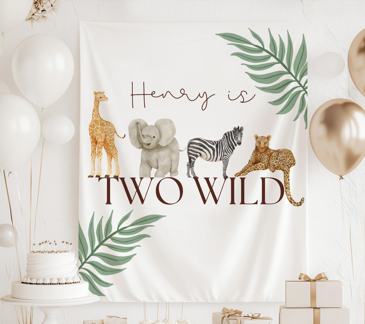 Custom safari second birthday backdrop featuring giraffe elephant zebra and leopard illustrations
