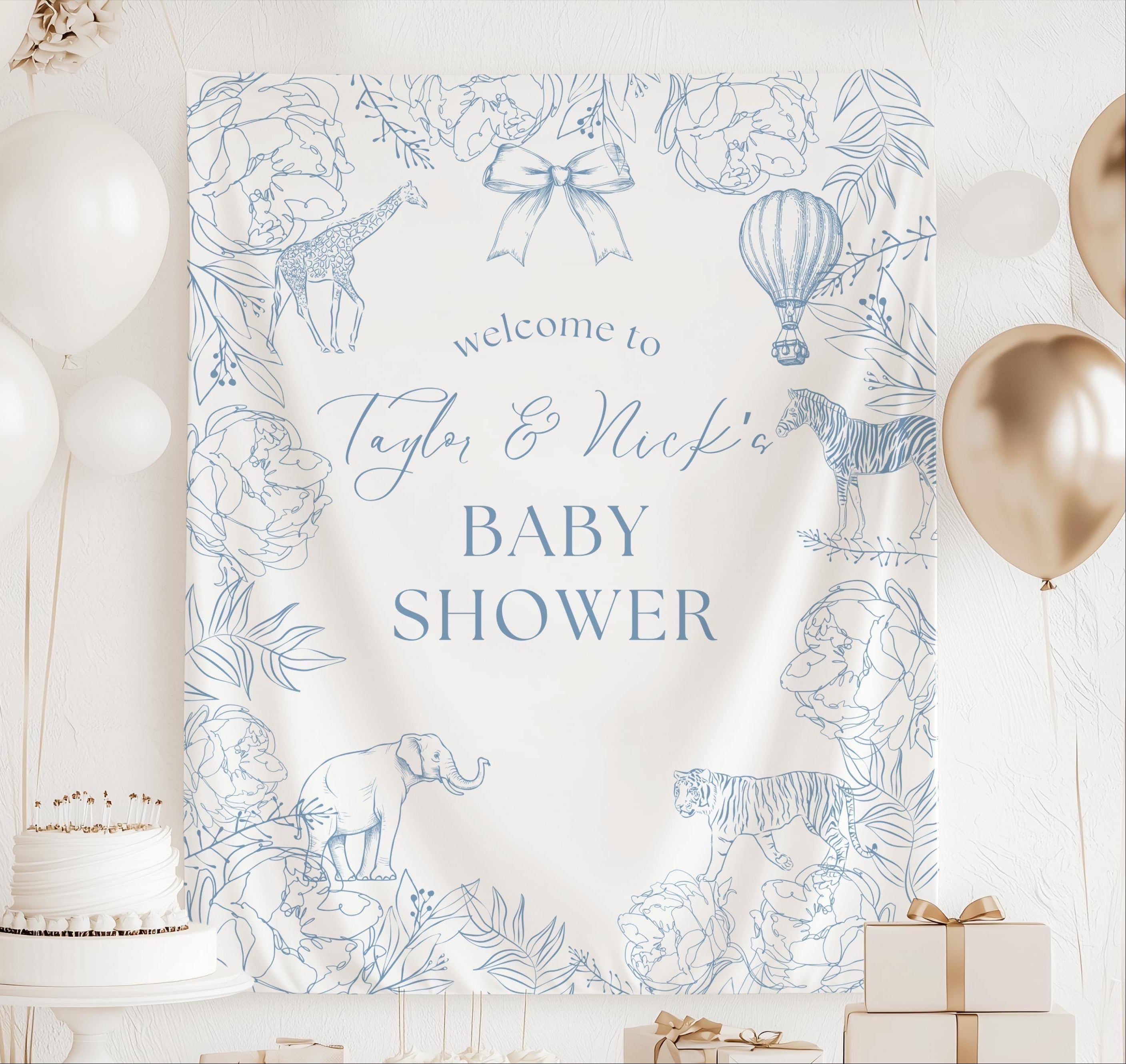 Personalized Safari Toile baby shower banner featuring elegant jungle animals and floral toile artwork