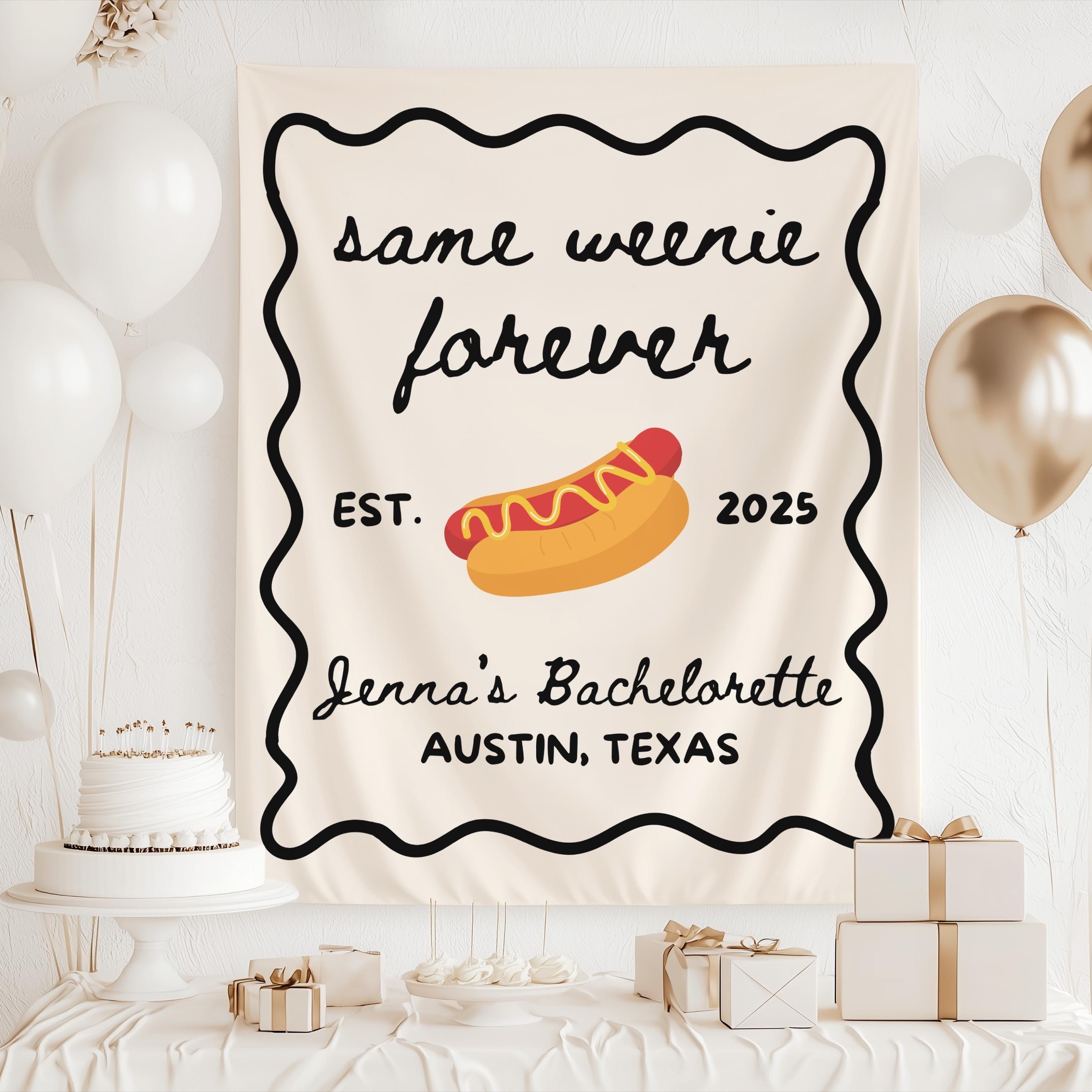 Funny bachelorette welcome banner featuring hot dog artwork and personalized bridal party details
