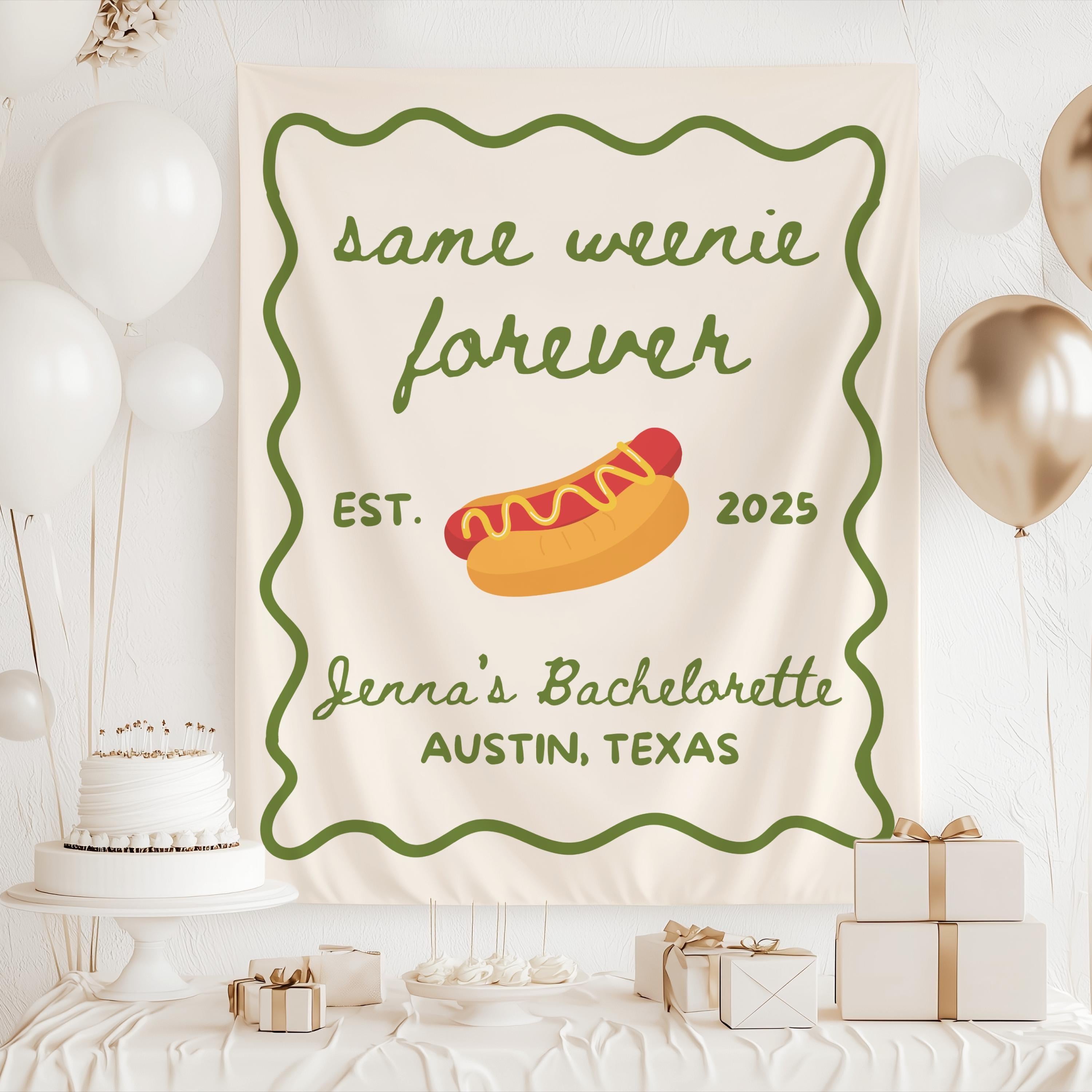 Personalized hot dog bachelorette banner with custom bride name location and year
