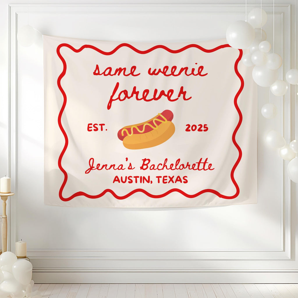 Hot dog themed bachelorette party banner for bridal weekend celebration and girls trip

