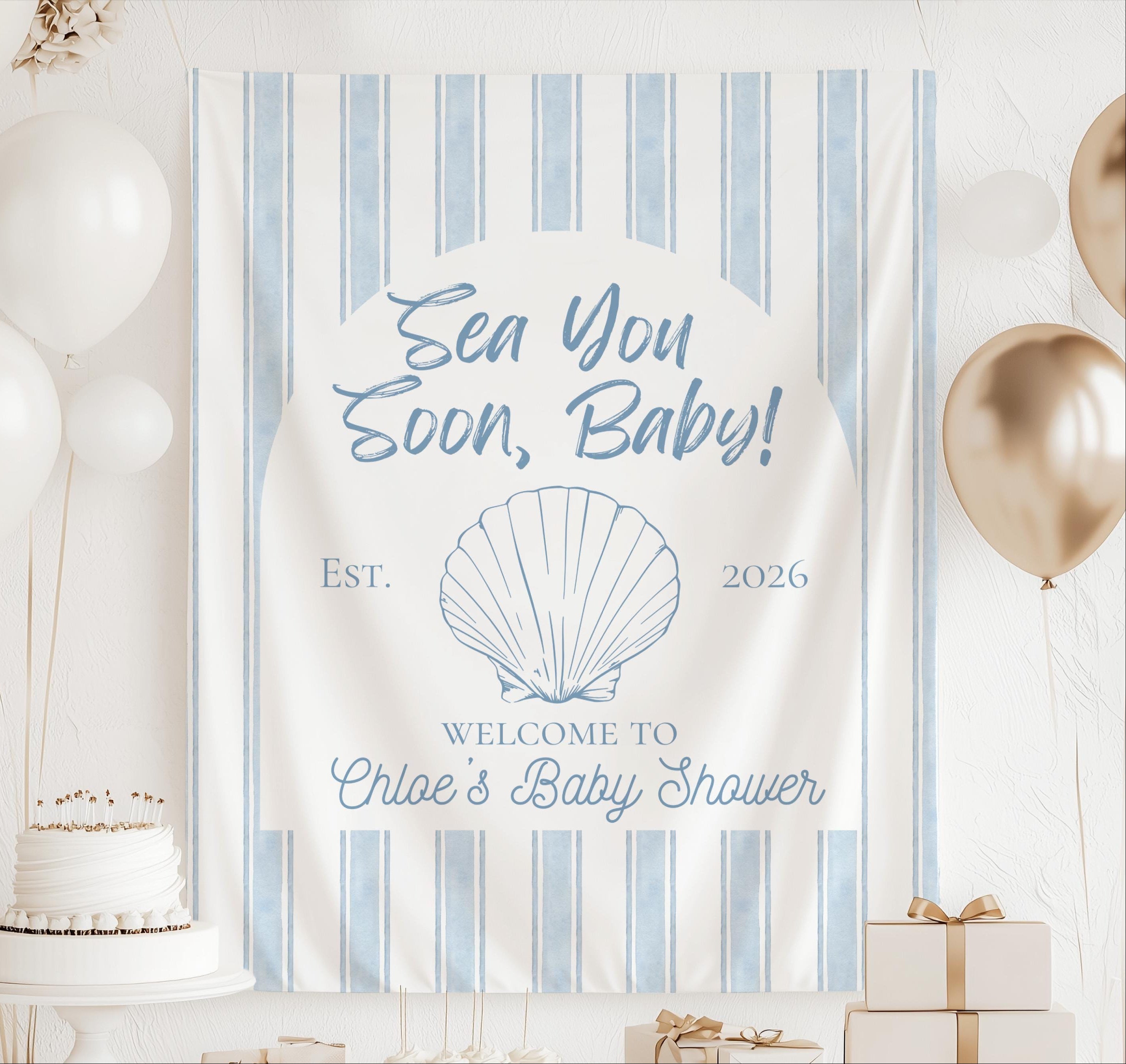 Personalized Sea You Soon Baby shower banner with seashell design for a coastal baby shower