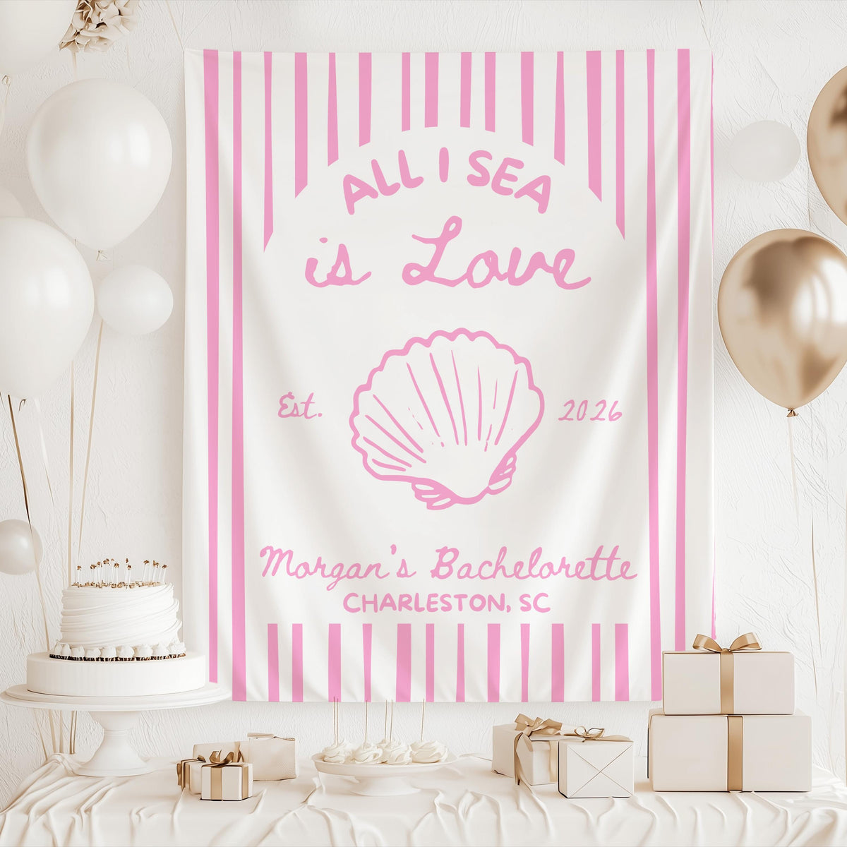 Seashell themed bachelorette banner for beach party photo booth backdrop available in multiple colors