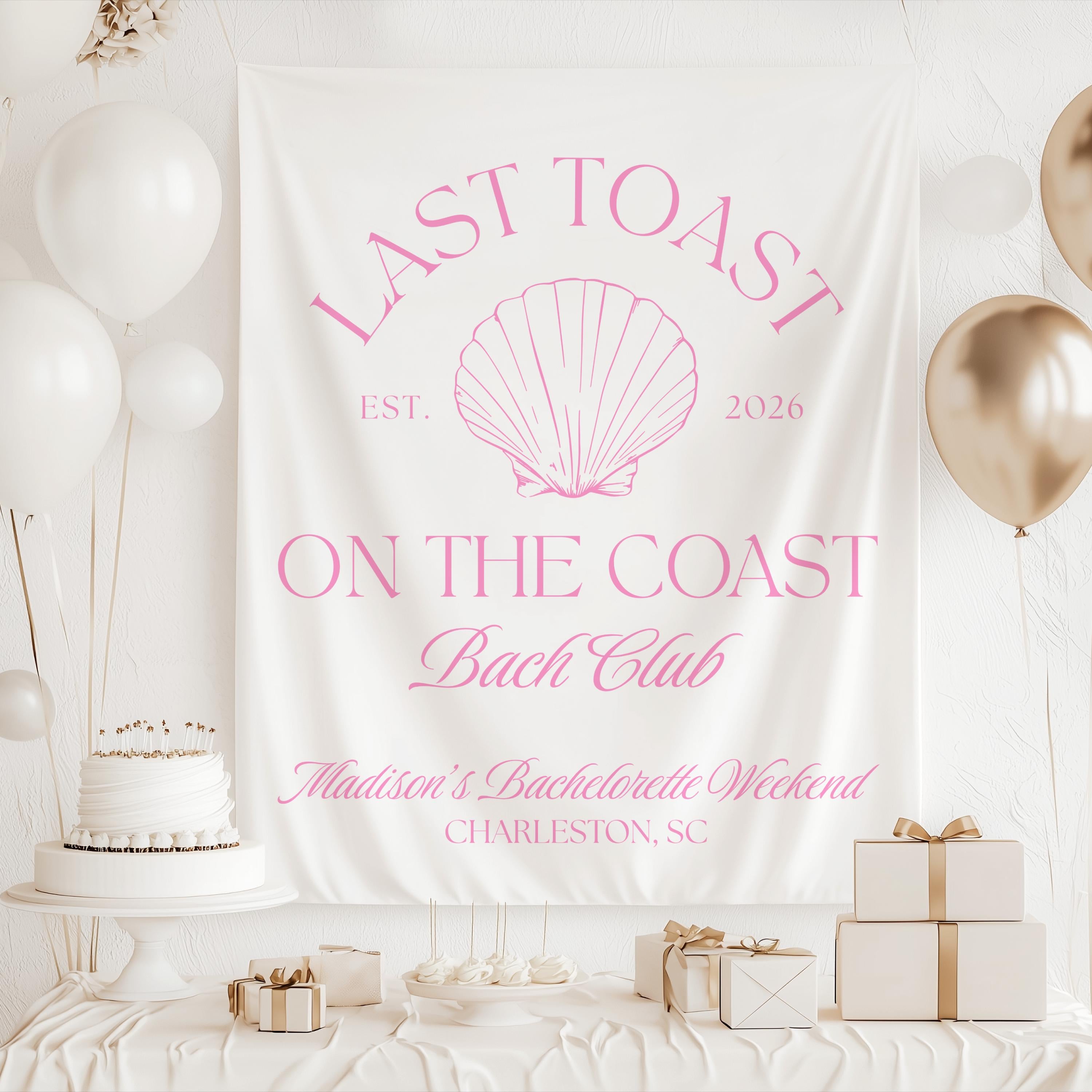 Coastal bachelorette party banner featuring seashell artwork and custom event details
