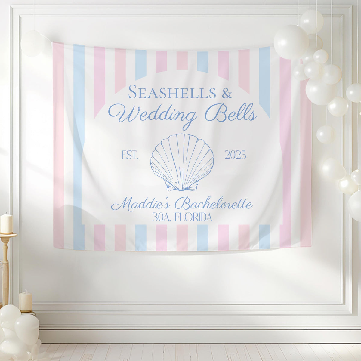 Beach bachelorette backdrop featuring a seashell design, soft coastal colors and custom bridal weekend personalization.