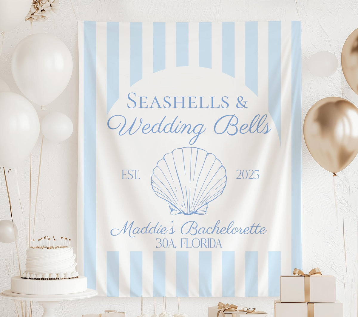 Custom Seashells & Wedding Bells banner personalized with bride name, destination, year and beach bachelorette celebration details.