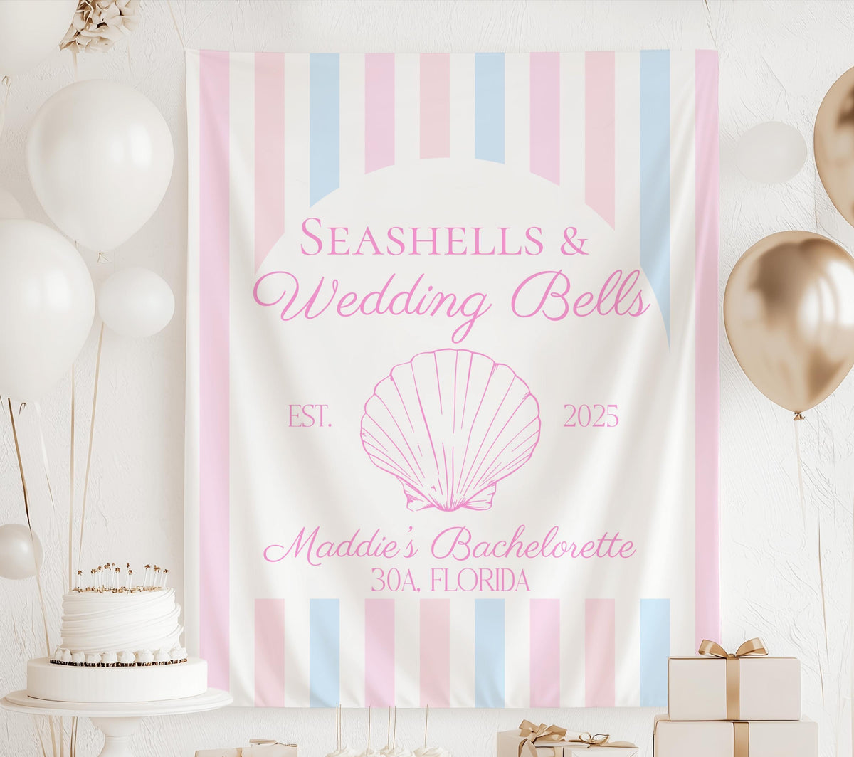 Coastal bachelorette party banner with seashell artwork and personalized details for beach bridal weekends and destination celebrations.