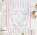 Personalized Seashells & Wedding Bells bachelorette banner featuring a coastal seashell illustration, pastel striped backdrop and custom bridal weekend details.