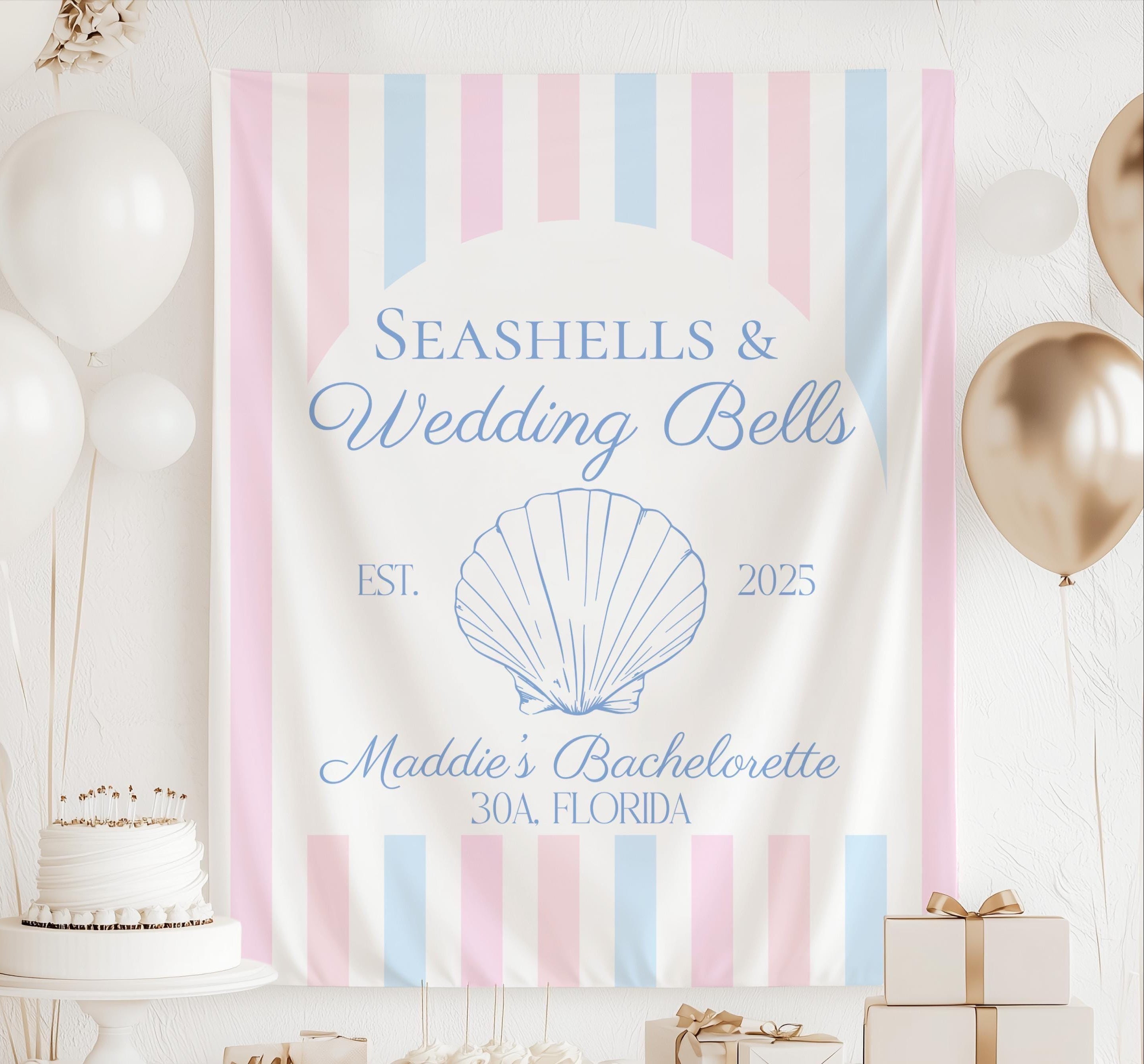 Personalized Seashells & Wedding Bells bachelorette banner featuring a coastal seashell illustration, pastel striped backdrop and custom bridal weekend details.
