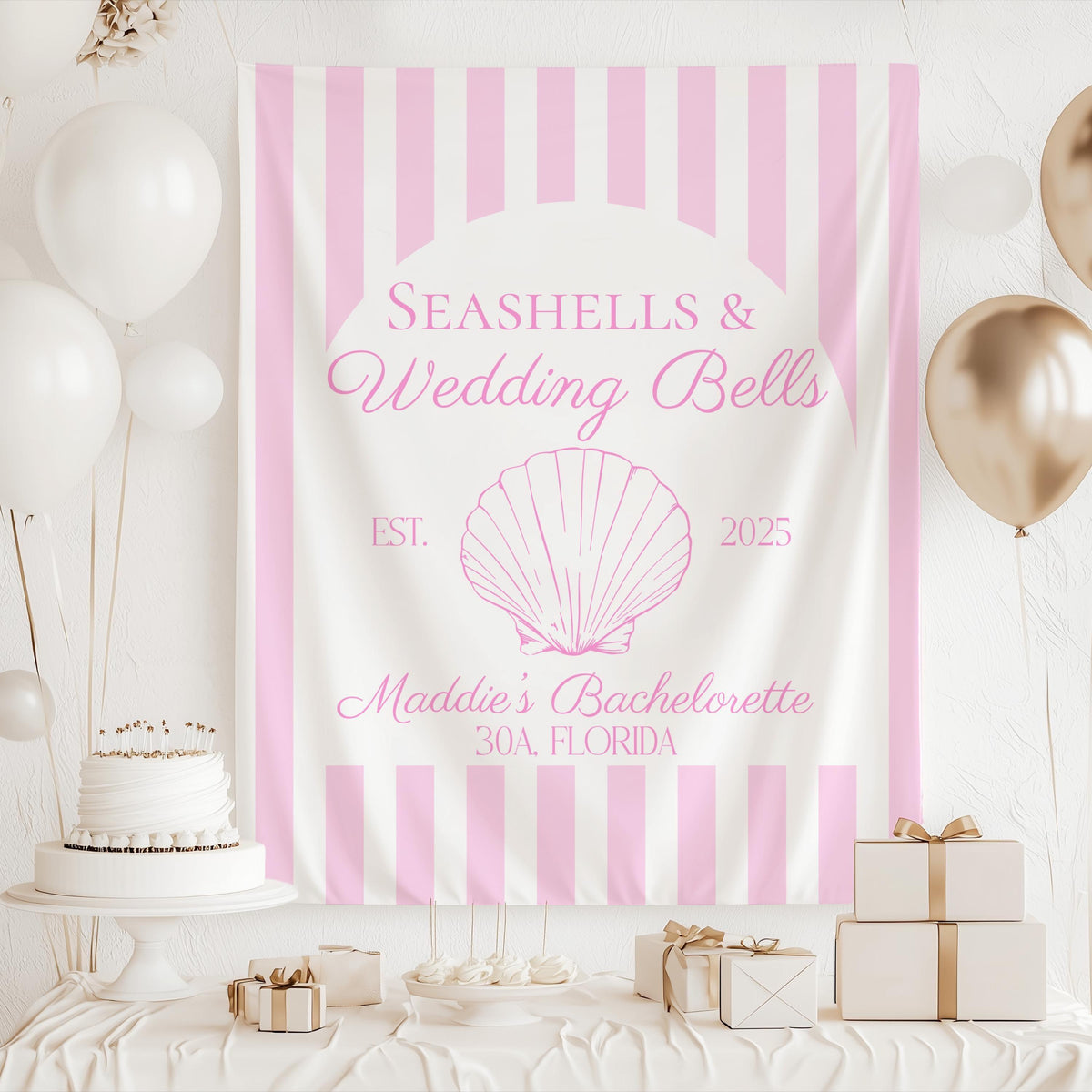Pink striped beach bachelorette backdrop featuring a seashell illustration and elegant personalized bridal party design.