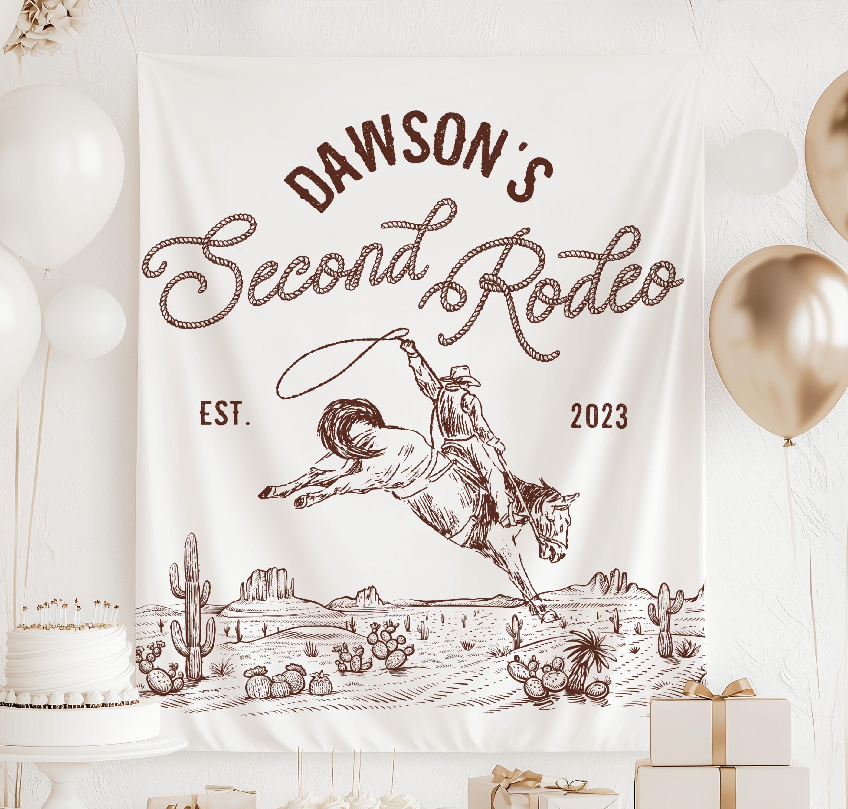 Personalized Second Rodeo birthday banner featuring a cowboy riding a bucking horse with western desert artwork and custom birthday details.