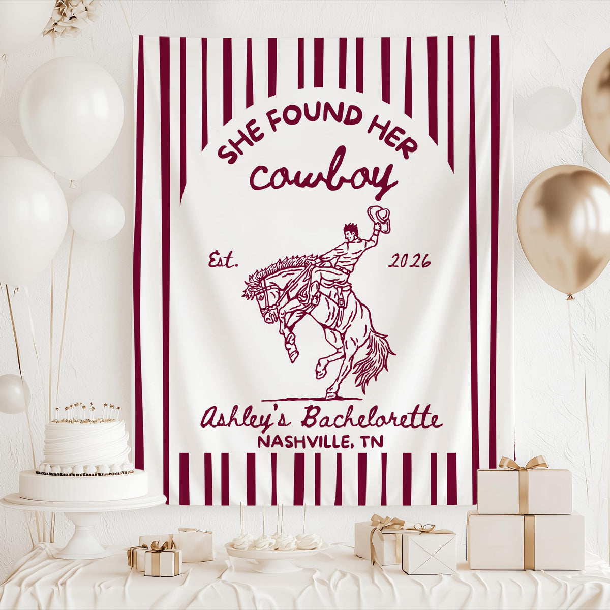 Custom She Found Her Cowboy party backdrop featuring rodeo cowboy illustration and personalized bachelorette details

