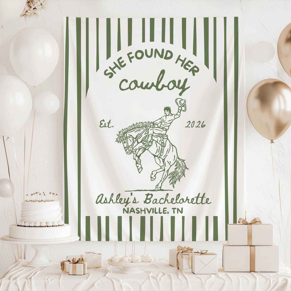 Western bachelorette banner with She Found Her Cowboy theme green striped background and custom text for a country bridal weekend
