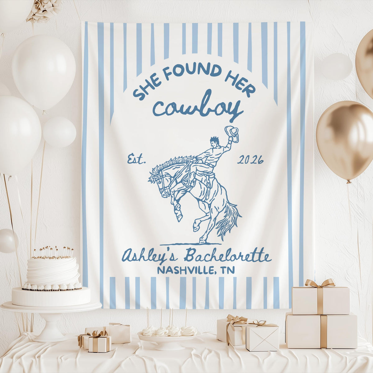 Personalized Nashville bachelorette banner with western cowboy artwork and custom name for a Last Rodeo celebration
