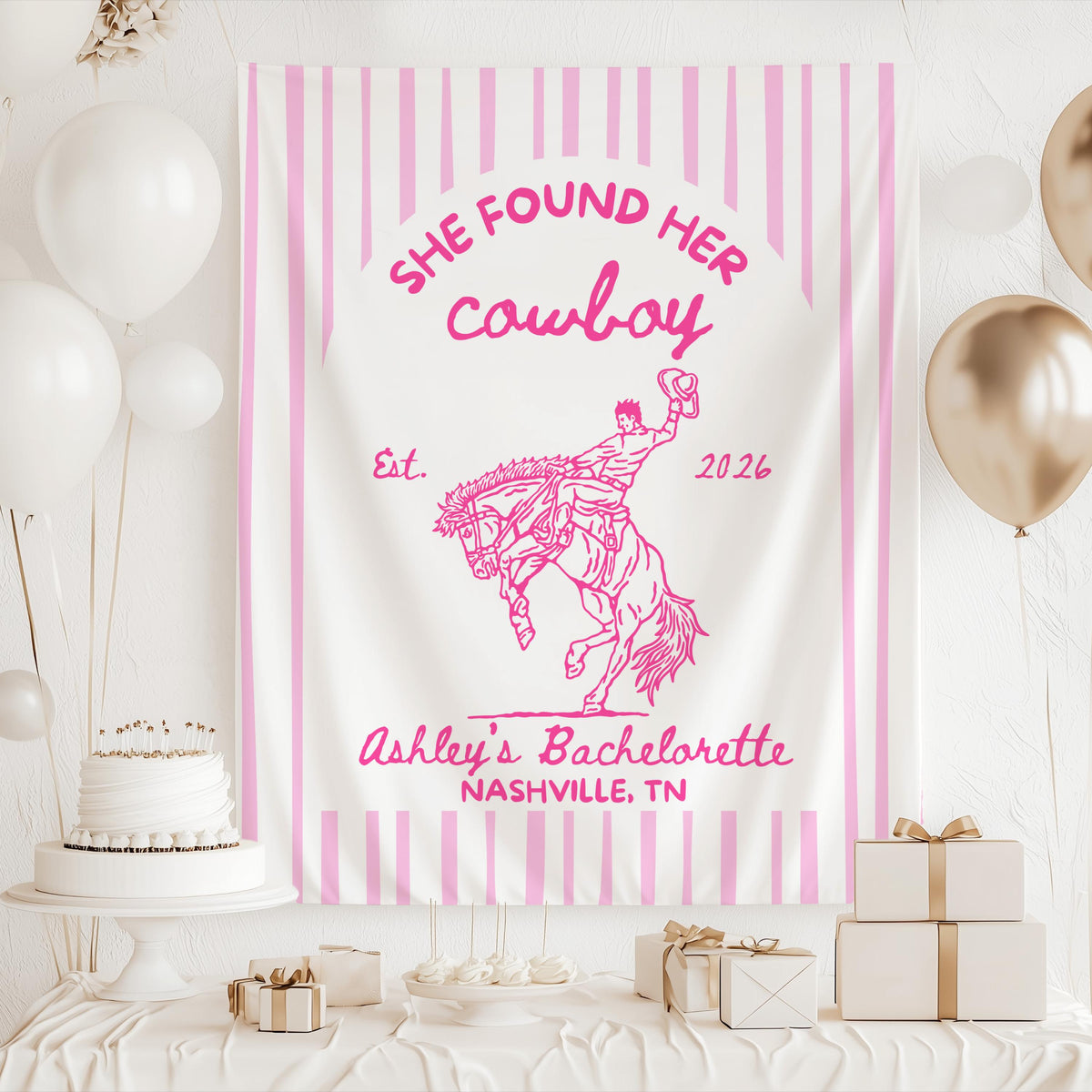 Custom western party backdrop featuring bucking horse cowboy illustration and personalized bridal party details

