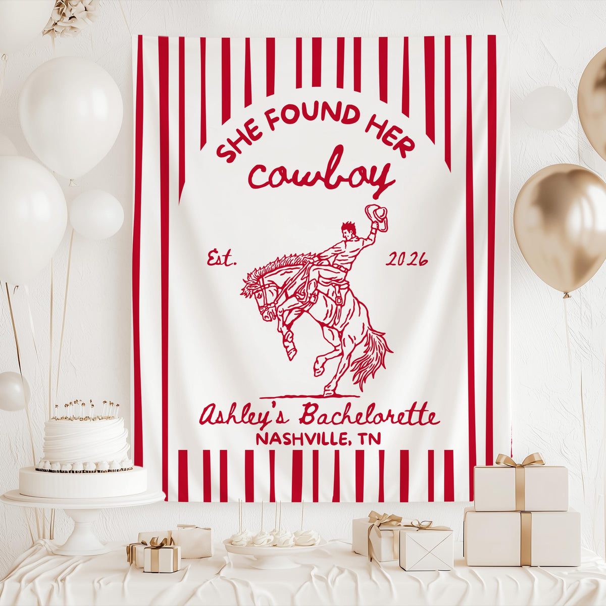Country themed bachelorette banner with personalized She Found Her Cowboy design for Nashville and western bridal weekends