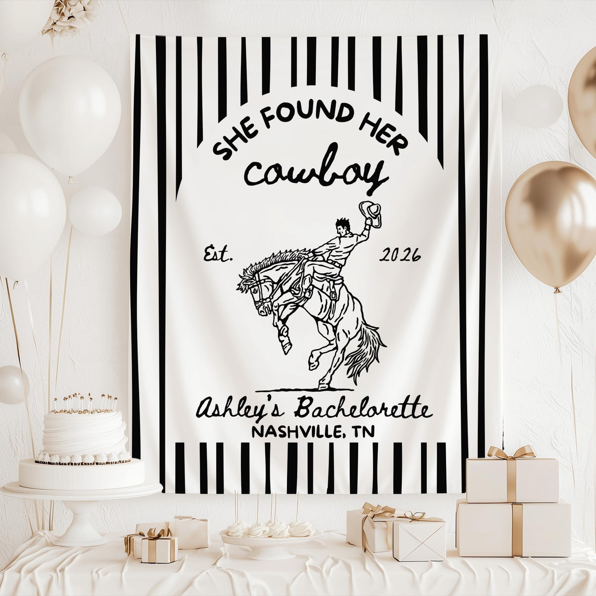 Personalized western bachelorette backdrop featuring rodeo inspired artwork striped design and custom event wording
