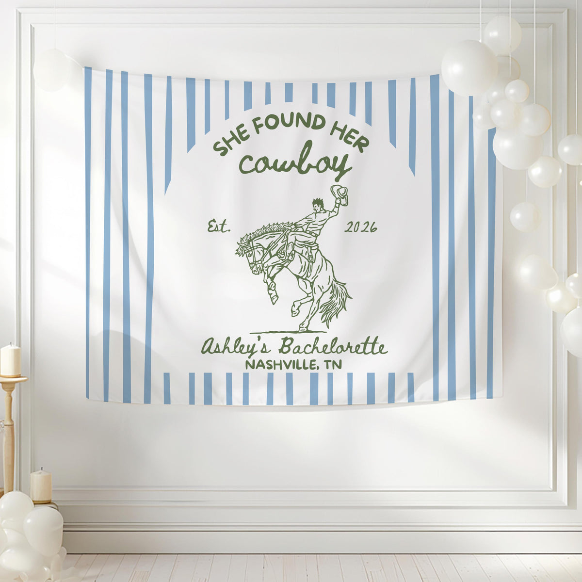 Personalized She Found Her Cowboy bachelorette banner displayed as western party decor for a Nashville bridal weekend celebration
